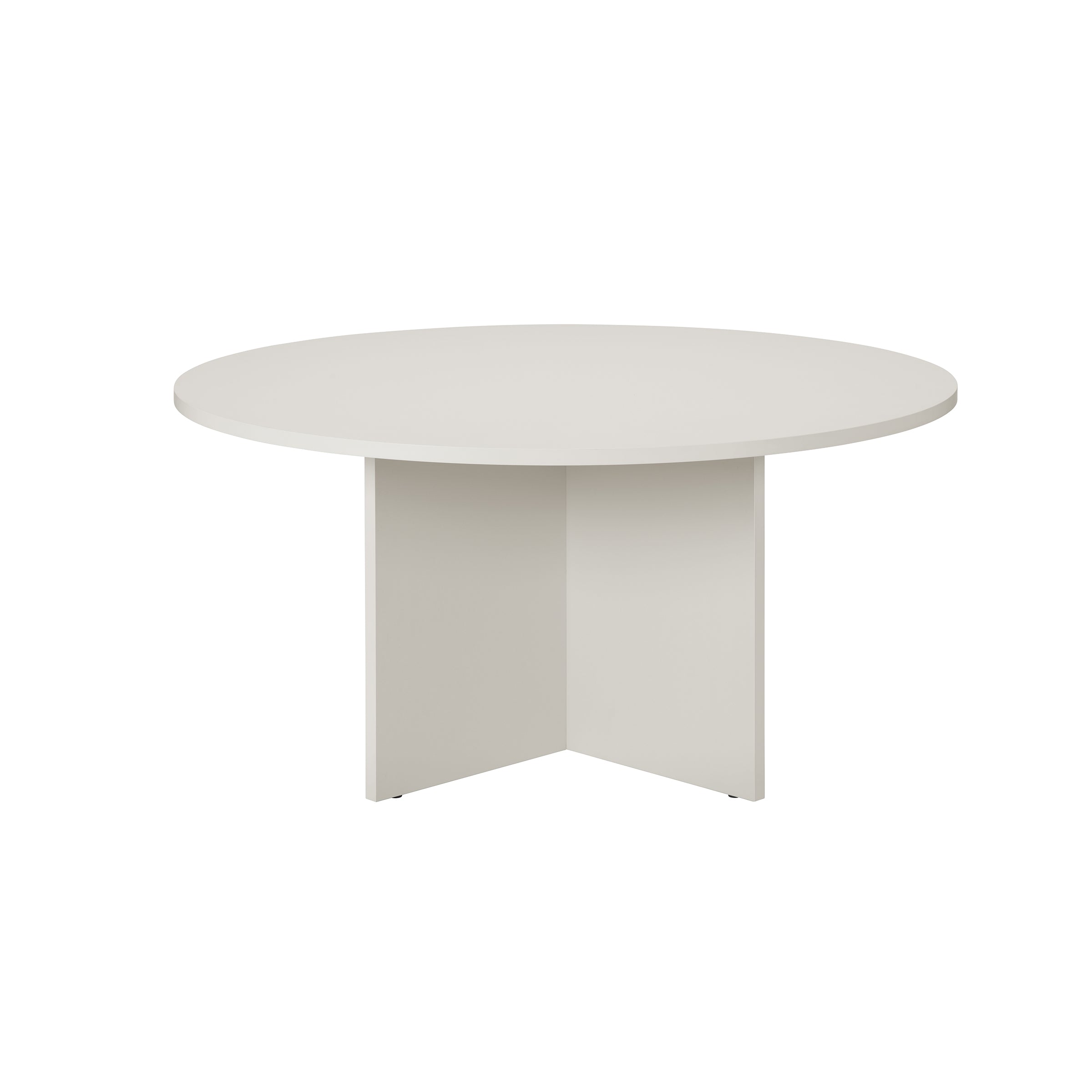 The L4 BASIL TABLE by Loehr is a minimalist round white table crafted from coated fiberboard for a smooth finish. Its unique cross-shaped support base offers a sculptural look, perfect for contemporary interiors.