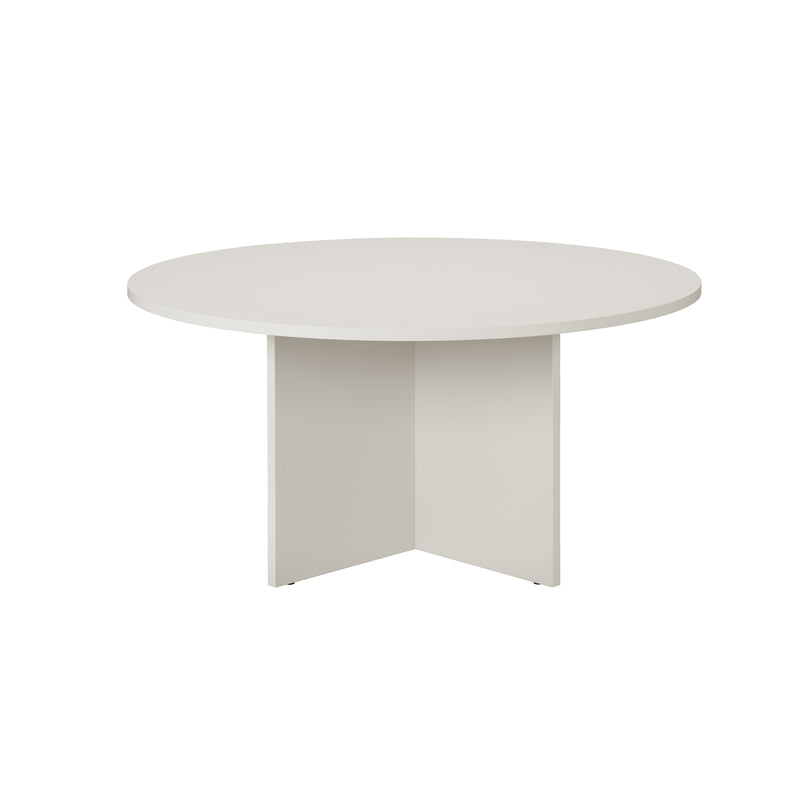 The L4 BASIL TABLE by Loehr is a minimalist round white table crafted from coated fiberboard for a smooth finish. Its unique cross-shaped support base offers a sculptural look, perfect for contemporary interiors.