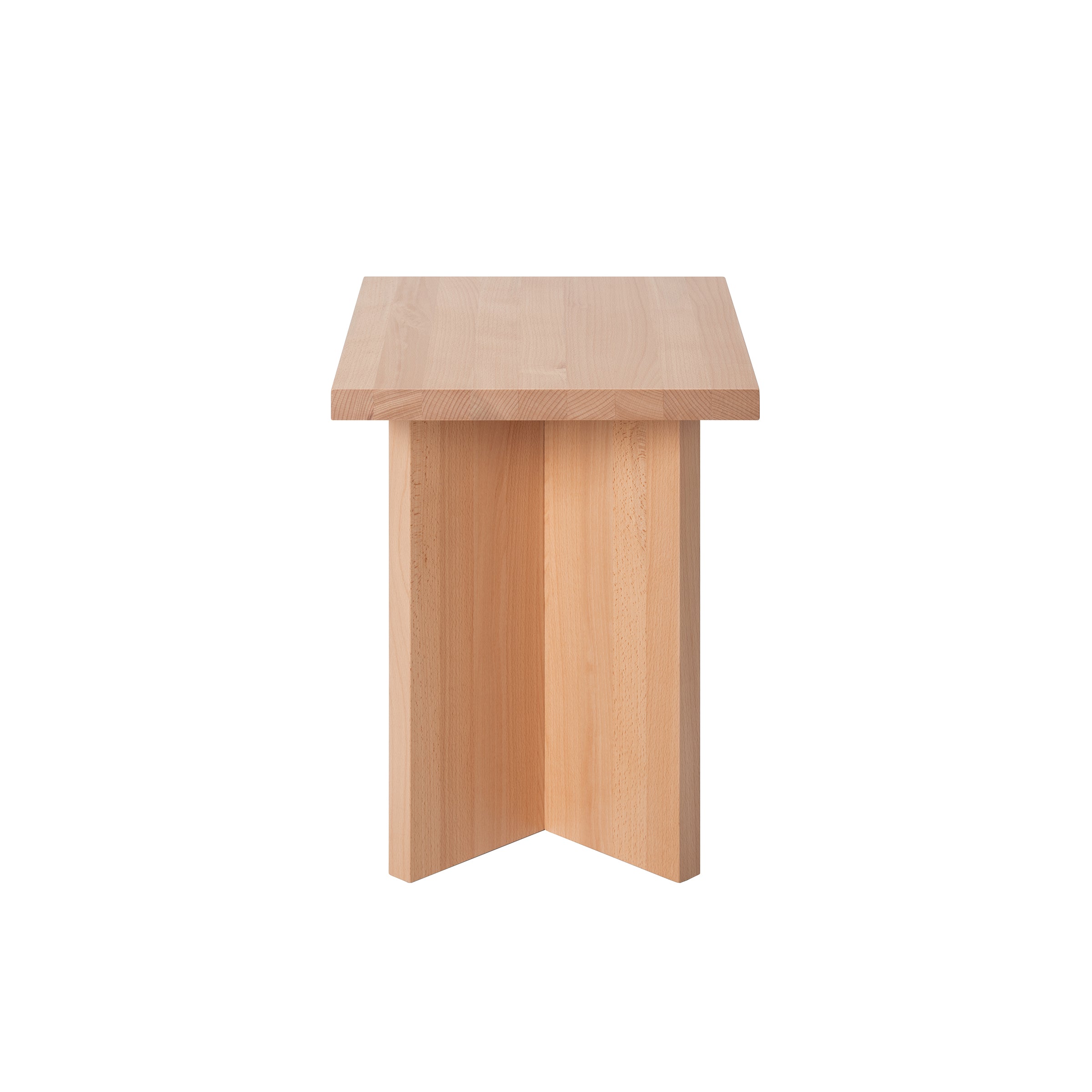 The L6 Corinth Side Table by Loehr is a minimalist wooden piece with a rectangular top and V-shaped base made from solid beech, highlighting natural wood grain and a smooth finish for an exquisitely simple sculptural object.