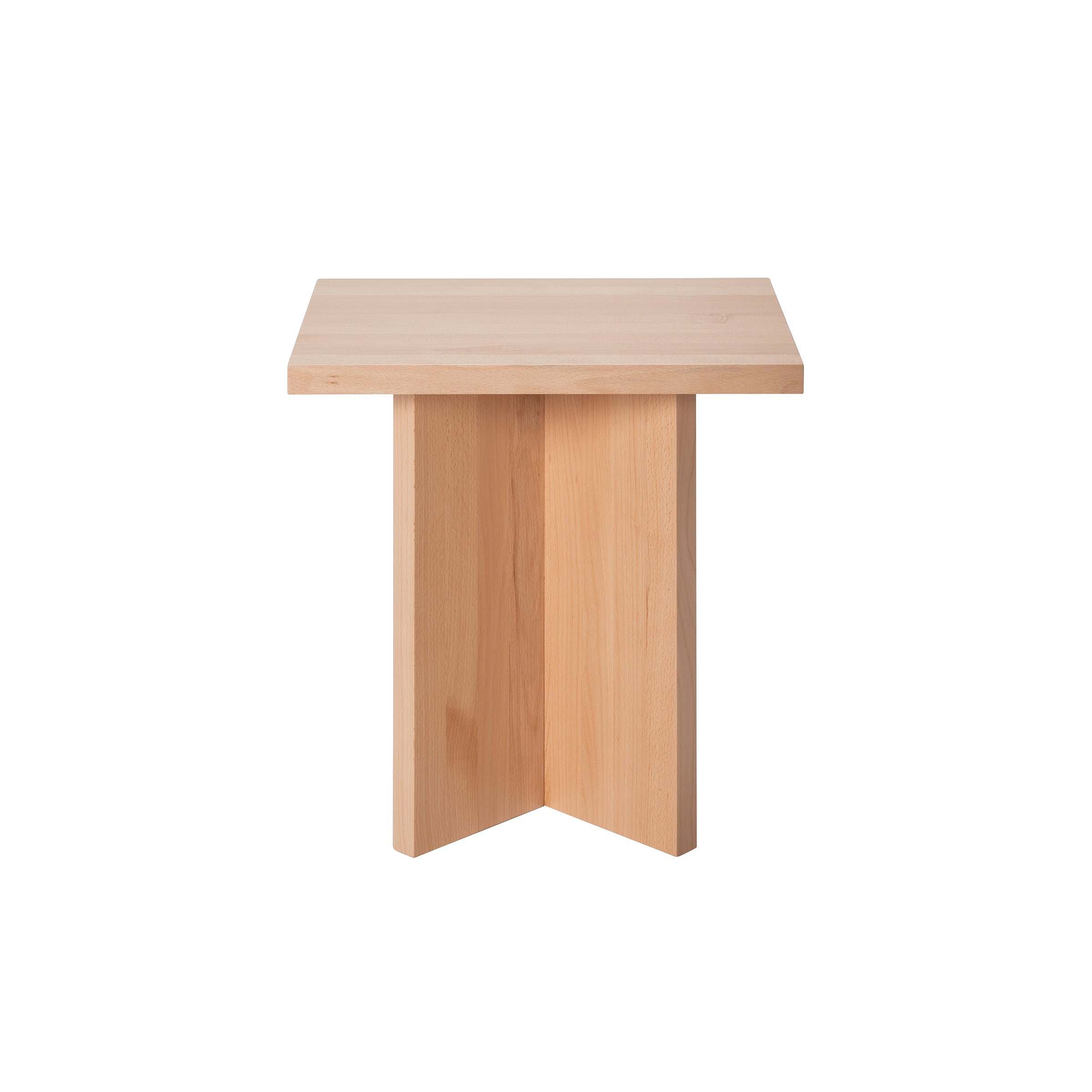 Meet the L6 Corinth Side Table by Loehr—a minimalist wooden masterpiece with a square top and unique crossed base design. Crafted from solid beech, it stands elegantly against a plain white background, exuding timeless sophistication.