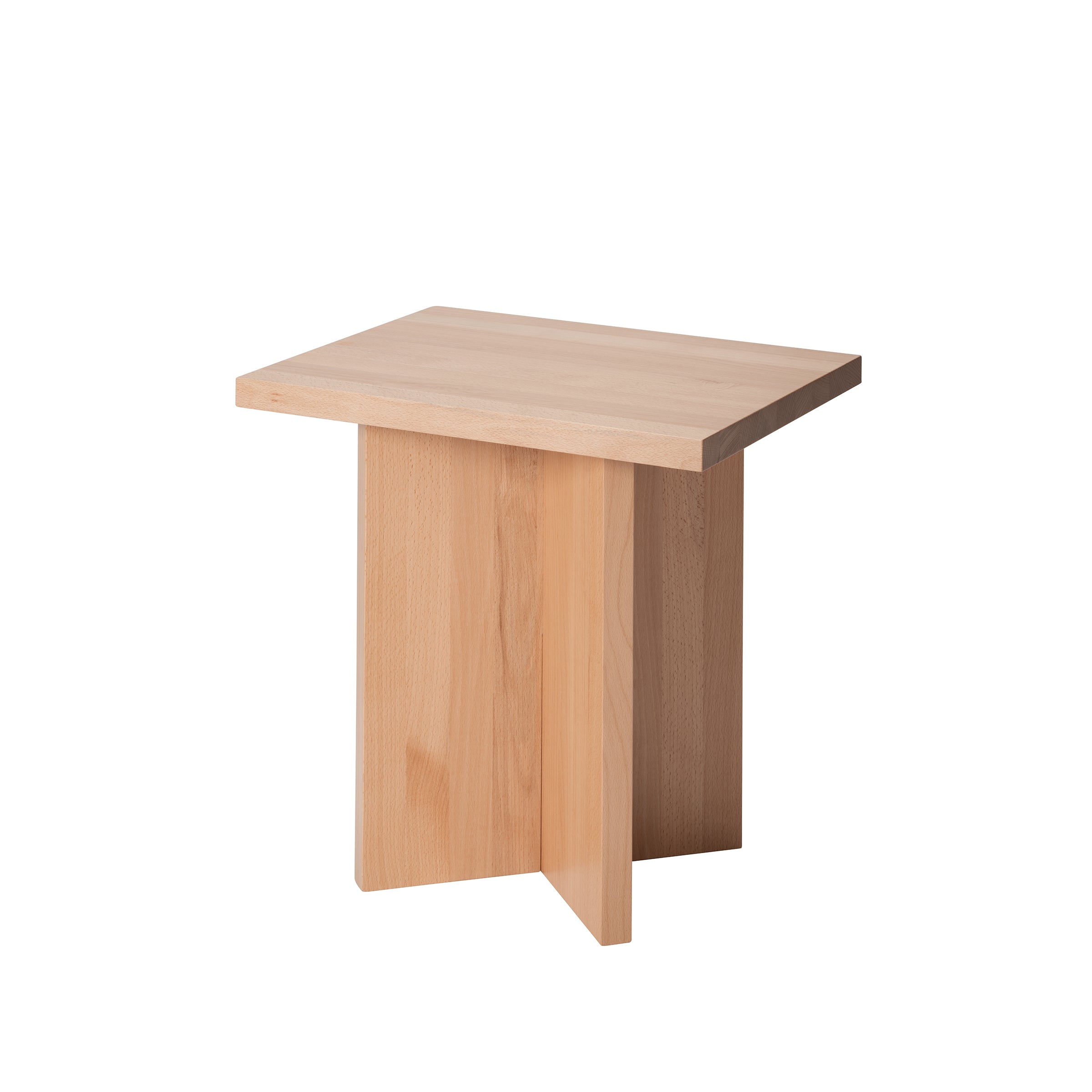 The L6 Corinth Side Table by Loehr is a simple, modern piece crafted from solid beech. It features a square top and intersecting base in light natural wood, offering sculptural appeal with its minimalist design that emphasizes clean lines and functionality.