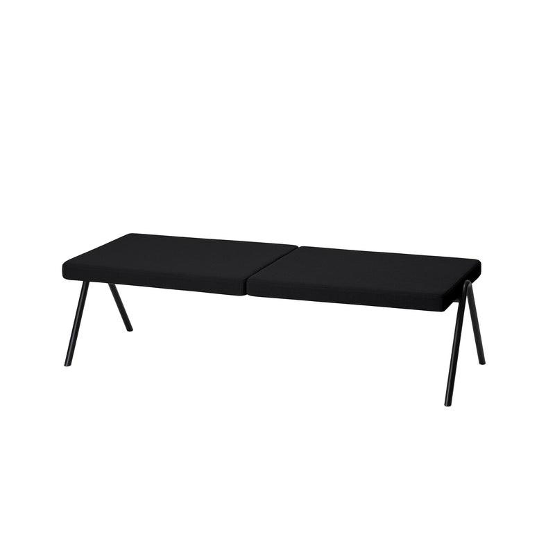The Loehr DL6 Plato Bench features two cushioned seats and sleek angled metal legs, offering elegant seating against a plain white background.