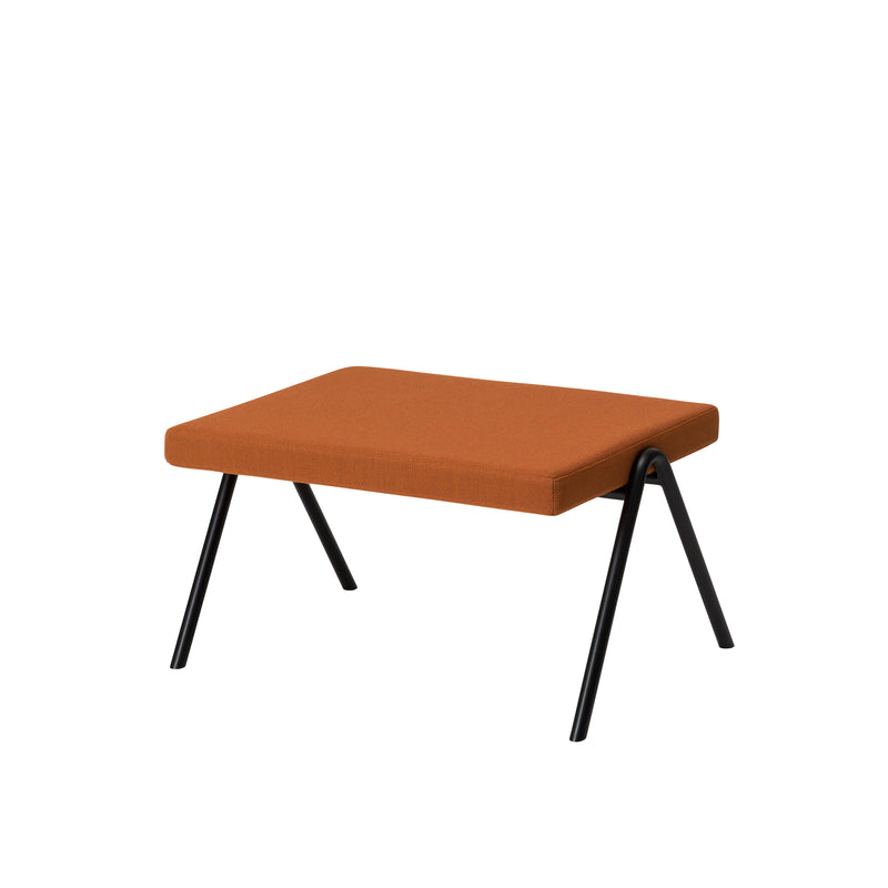 The DL6 Plato Ottoman by Loehr is a modern and minimalist stool featuring a rectangular, orange-brown cushioned seat and black angled metal legs made from tubular steel. This sleek piece offers luxurious seating, ideal for enhancing any stylish living area.