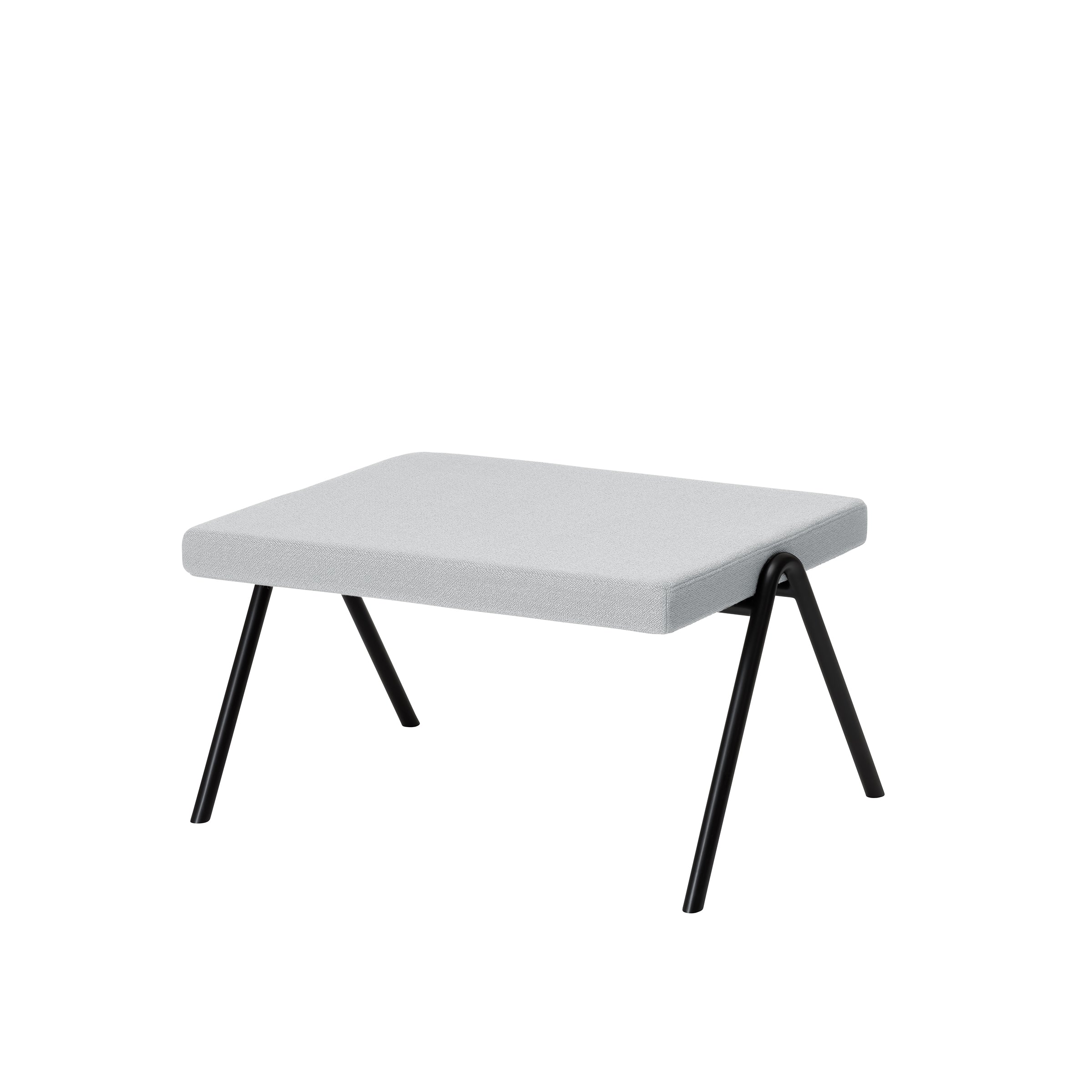 The DL6 Plato Ottoman by Loehr is a modern, minimalist stool with a light gray rectangular seat and four angled legs made of sleek tubular steel. Its clean design and luxurious seating provide a contemporary style, ideal for various interior settings.