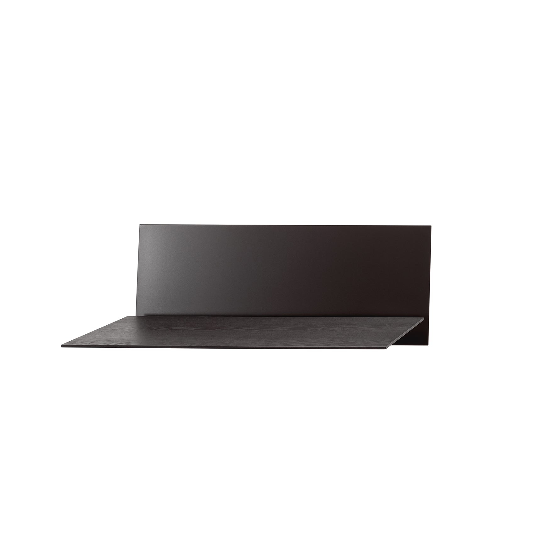The S1 CHAPTER Bureau by Loehr is a minimalist black shelf featuring a fold-up tabletop and tall vertical back panel. This sleek, modern piece fits perfectly in contemporary interiors, functioning well when wall-mounted against a plain white background.