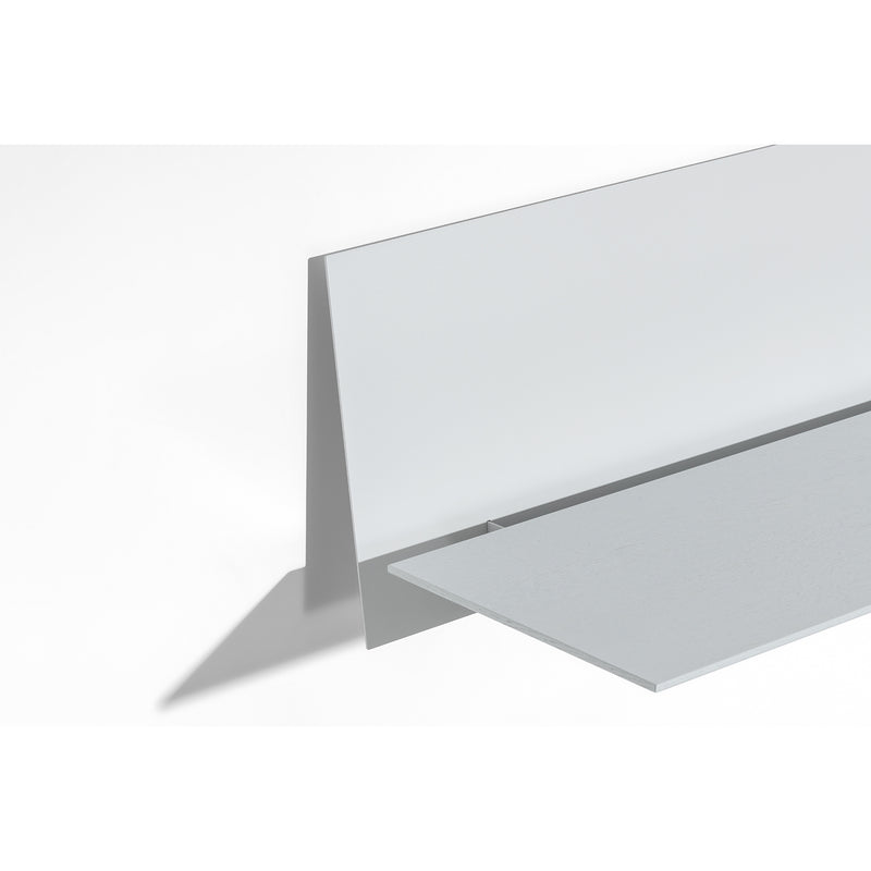 The S1 CHAPTER Bureau by Loehr features a minimalist, abstract design with geometric shapes forming an L-shaped structure casting shadows beside a fold-up tabletop. Its white and gray hues create a clean, modern aesthetic akin to sleek wall-mounted furniture.