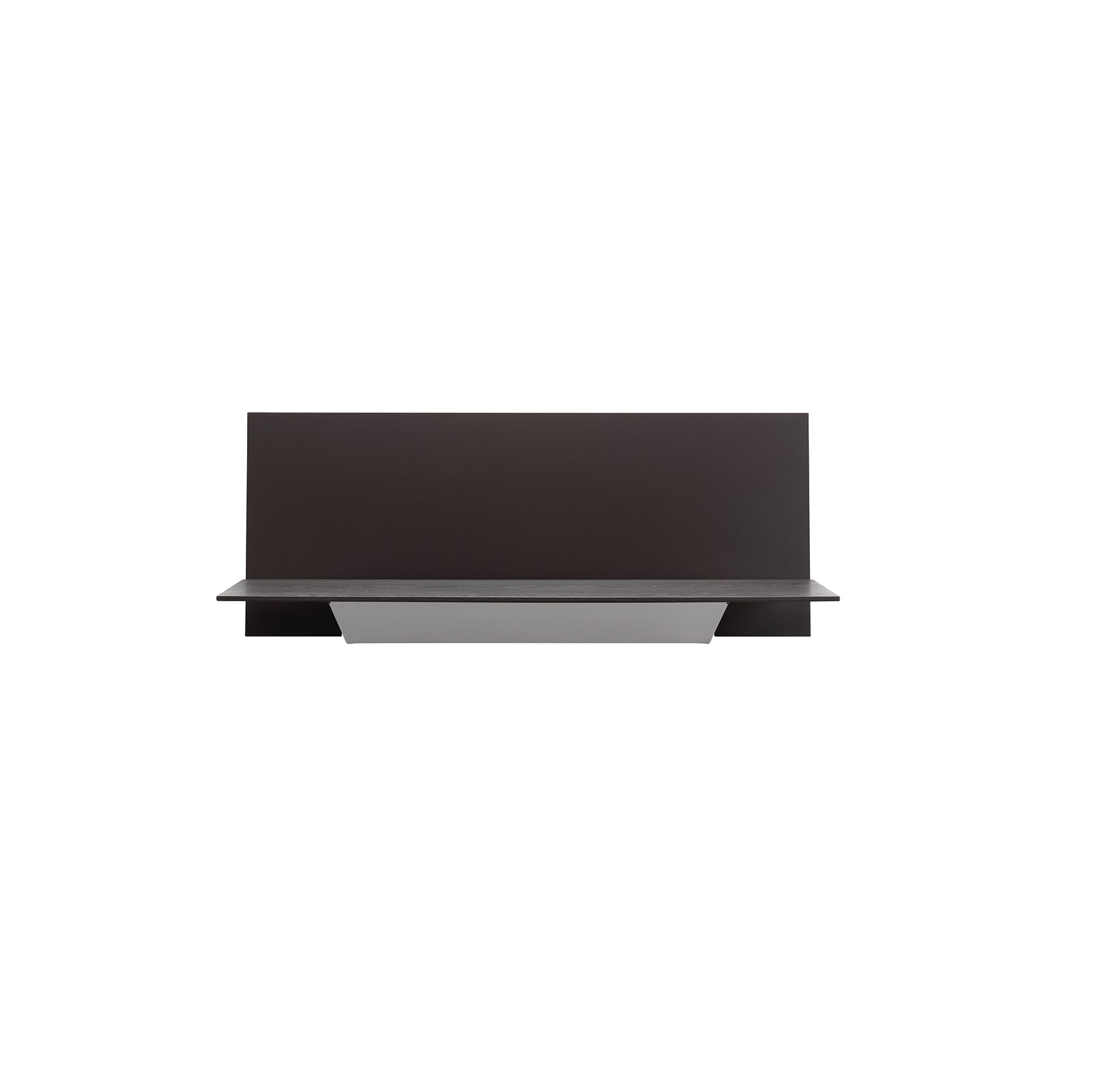 The S1 CHAPTER Bureau by Loehr is a minimalist, modern wall-mounted piece with a sleek black shelf and angular design. The rectangular backing panel extends slightly above the shelf for a clean geometric look with its smooth surface.