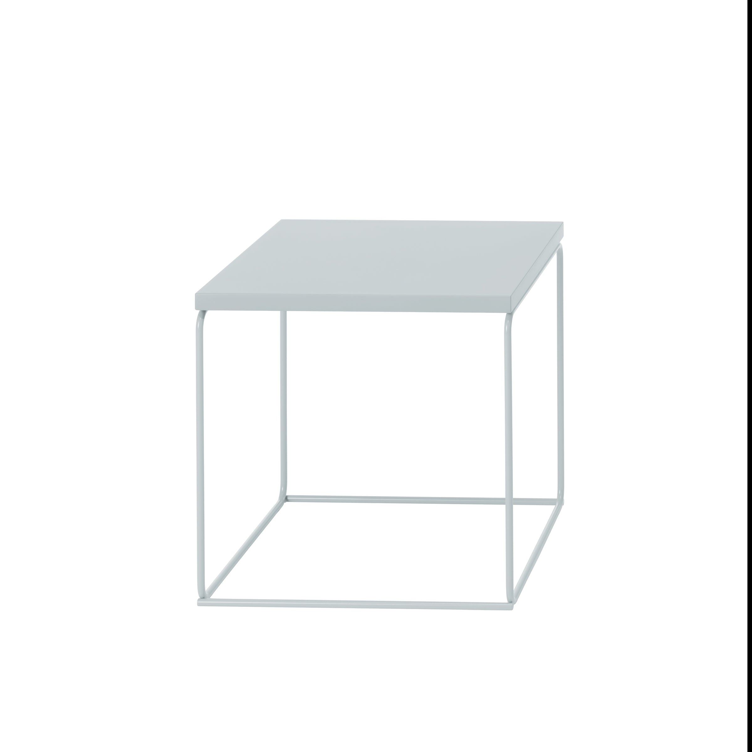 The DL1 Tangram Side Table Square by Loehr features a minimalist design with a light gray top and thin metal frame legs, offering an airy, open feel inspired by TANGRAM and serene architectural landscapes.