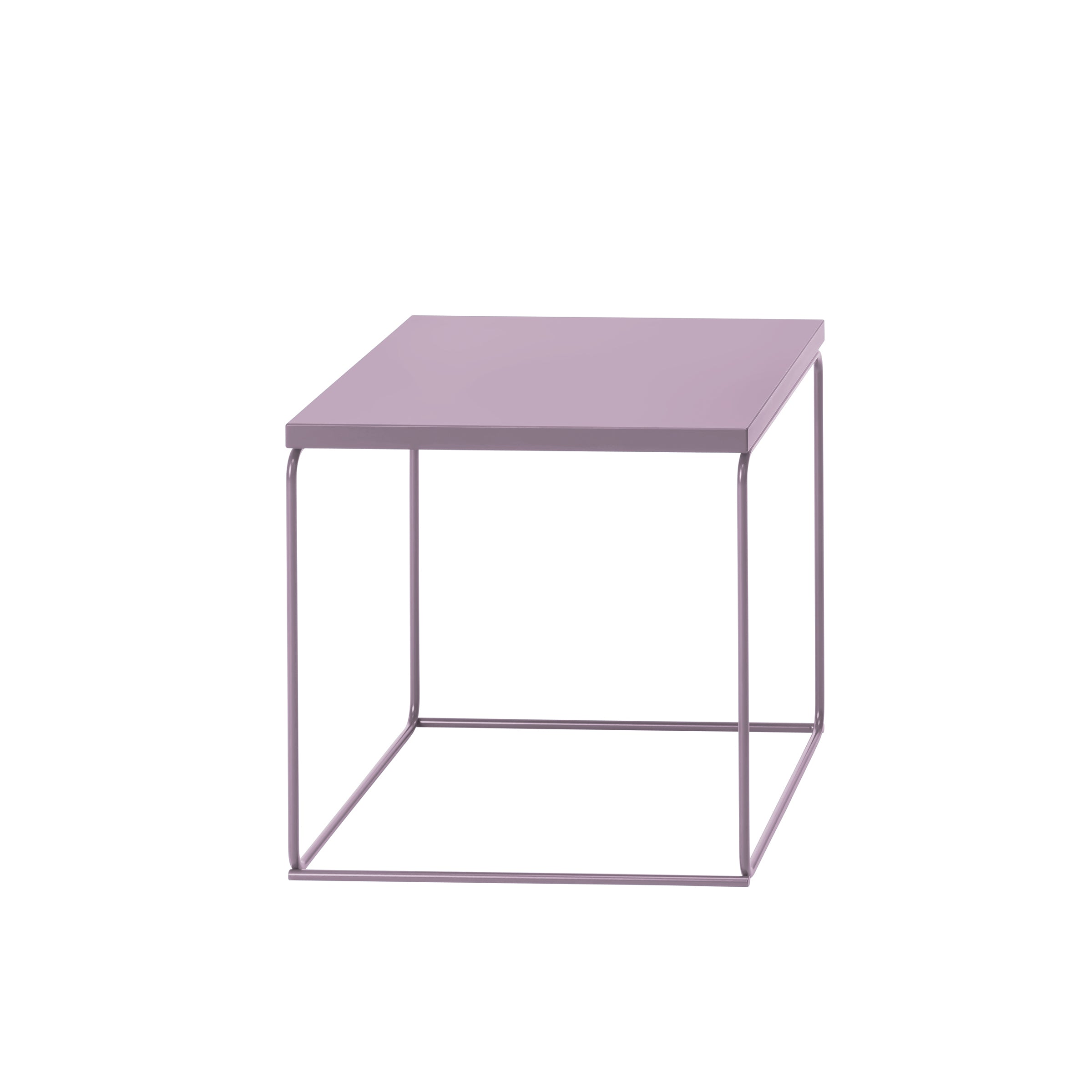The DL1 Tangram Side Table Square by Loehr features a minimalist design with a light purple tabletop and thin metal frame. Its open cube-like base reflects architectural inspiration, providing a sleek, modern look reminiscent of the TANGRAM puzzle.