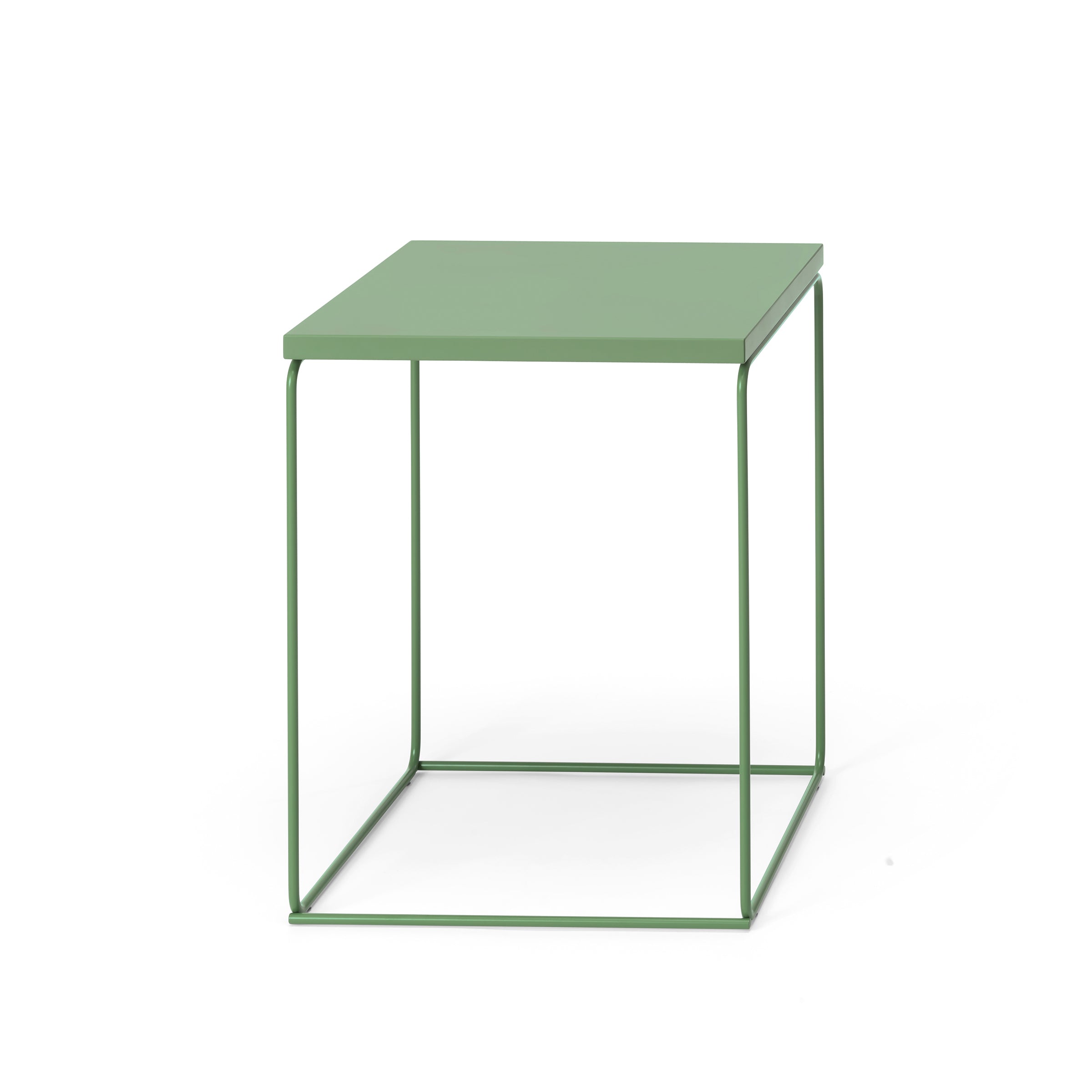 The DL1 Tangram Side Table Square by Loehr is a minimalist, modern piece with a green finish, featuring a thin metal frame and flat top. Its design resembles TANGRAM puzzles, offering open sides and a continuous base-frame structure.