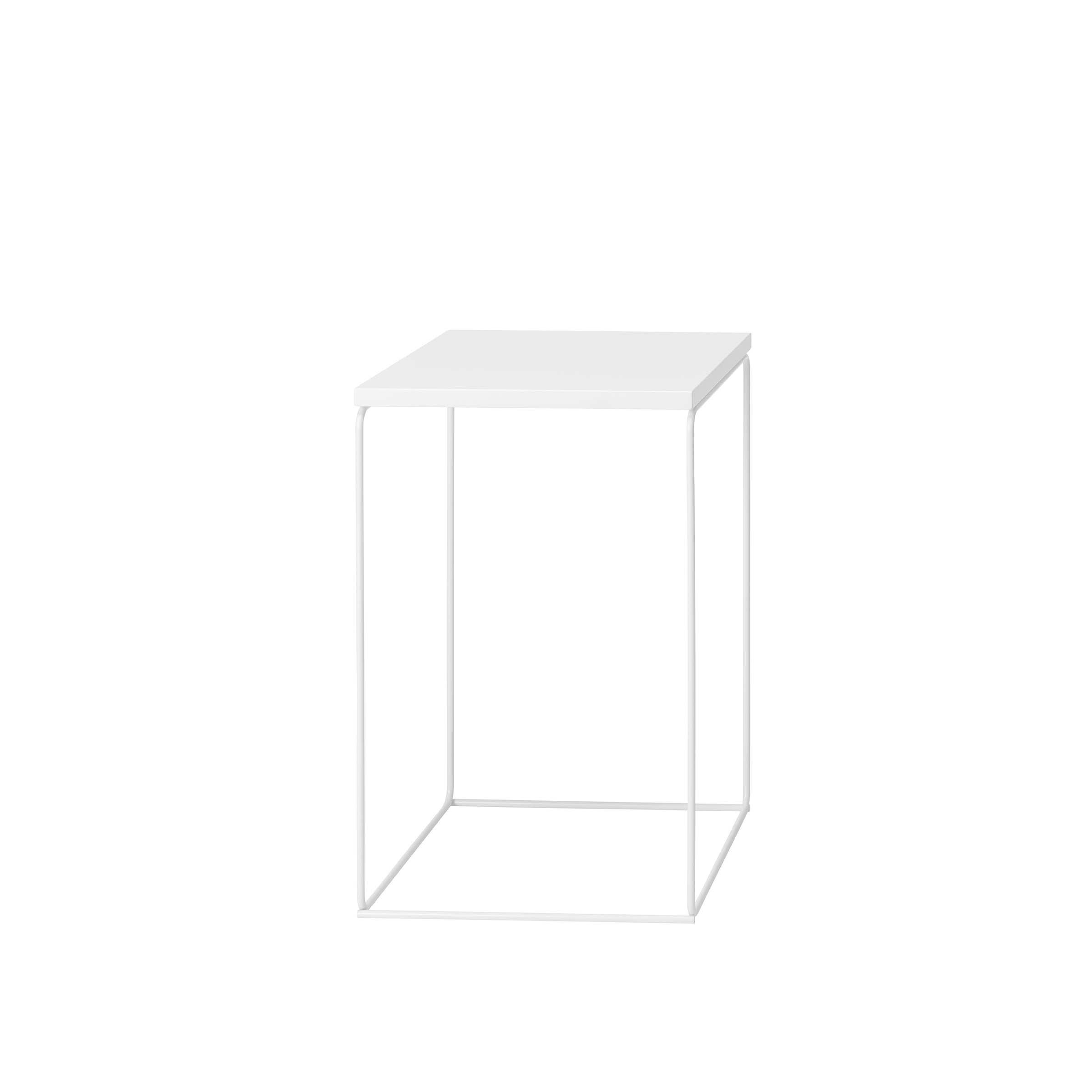 The DL1 Tangram Side Table Square by Loehr boasts a minimalist design with a thin top and slender metal frame, evoking architectural landscapes for an open, airy feel.