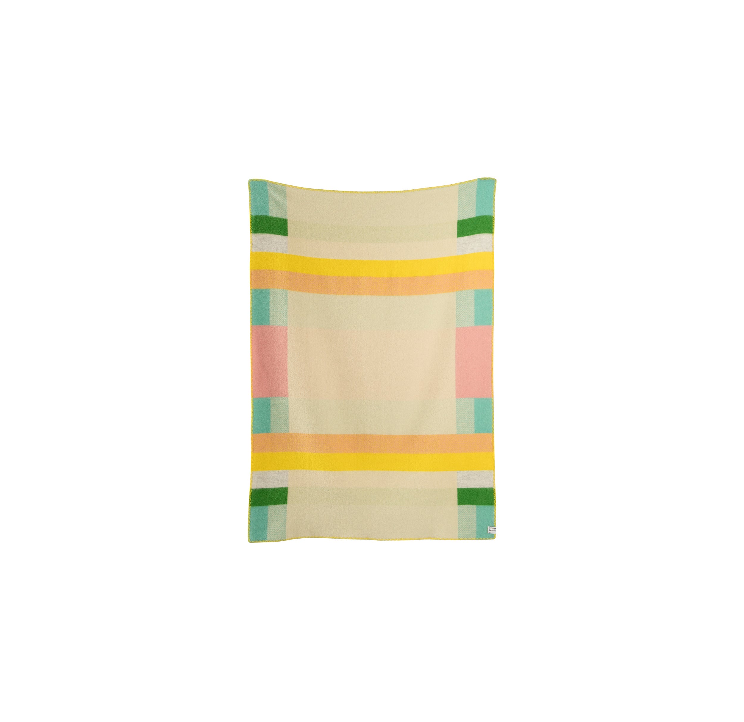 The Mikkel Large Throw by Roros boasts a Bauhaus-inspired design with geometric patterns and horizontal and vertical stripes in pastel yellow, pink, green, and blue on a light beige background.
