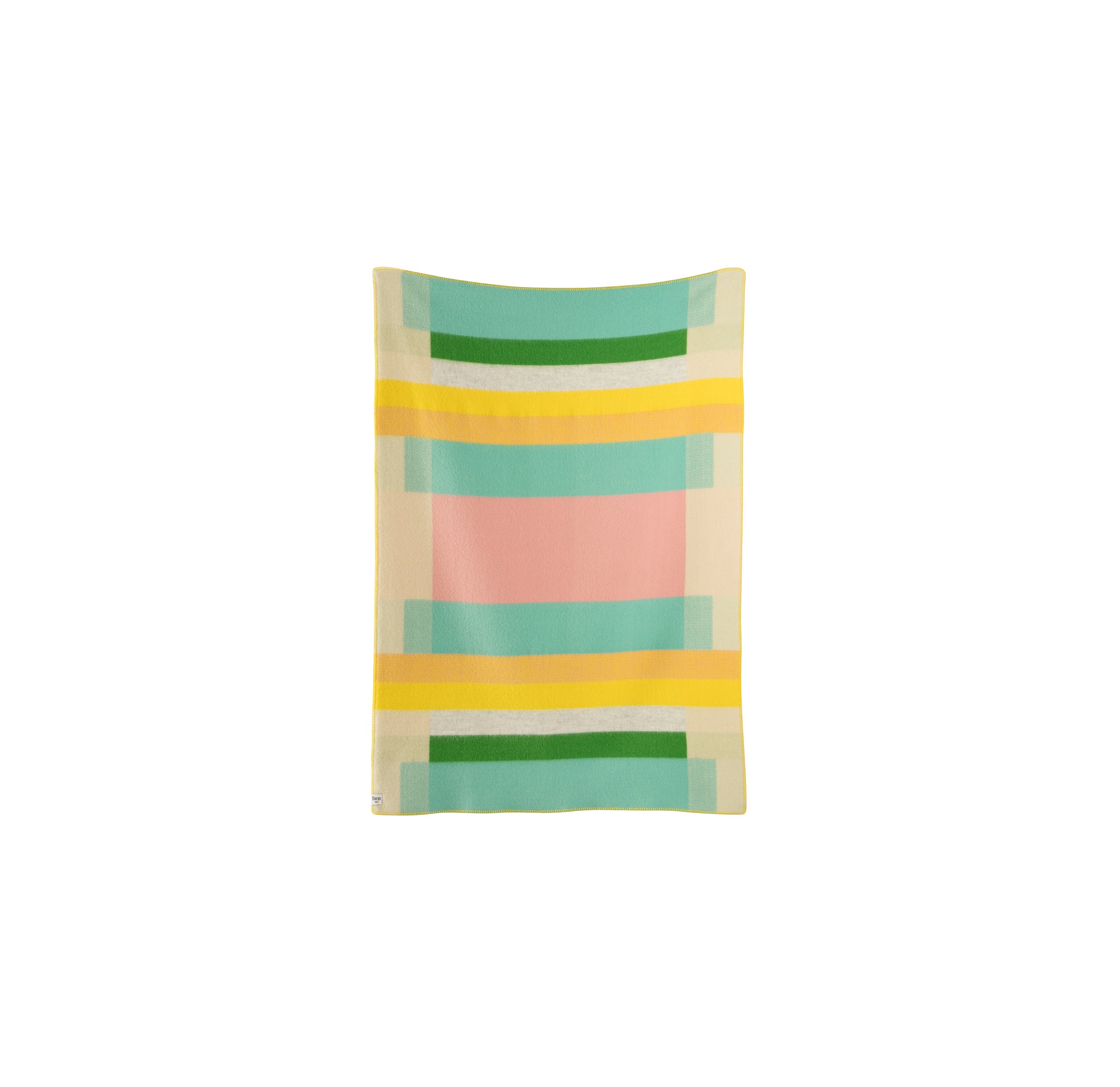 The Mikkel Large Throw by Roros is a colorful rectangular blanket with horizontal stripes in green, yellow, pink, and cream shades. Crafted from Norwegian wool, it features a Bauhaus-inspired design by Kristine Five Melvær.
