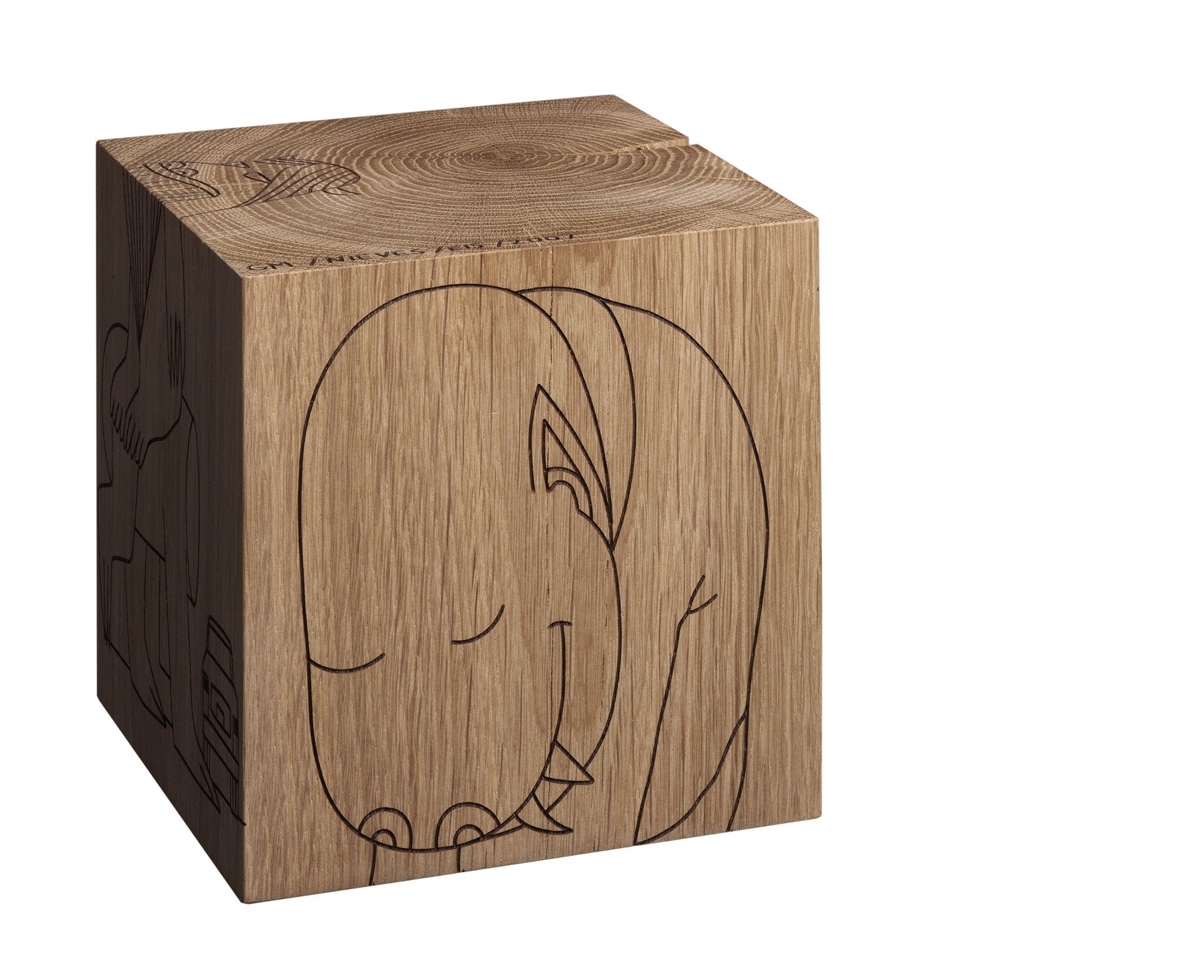 This exquisite wooden cube by E15 is crafted from European oak heartwood and features laser-etched illustrations, including a sleeping animal with a round face and small ears. A whimsical bird on top adds charm, making it easily mistaken for a MONSTER DICE artifact.