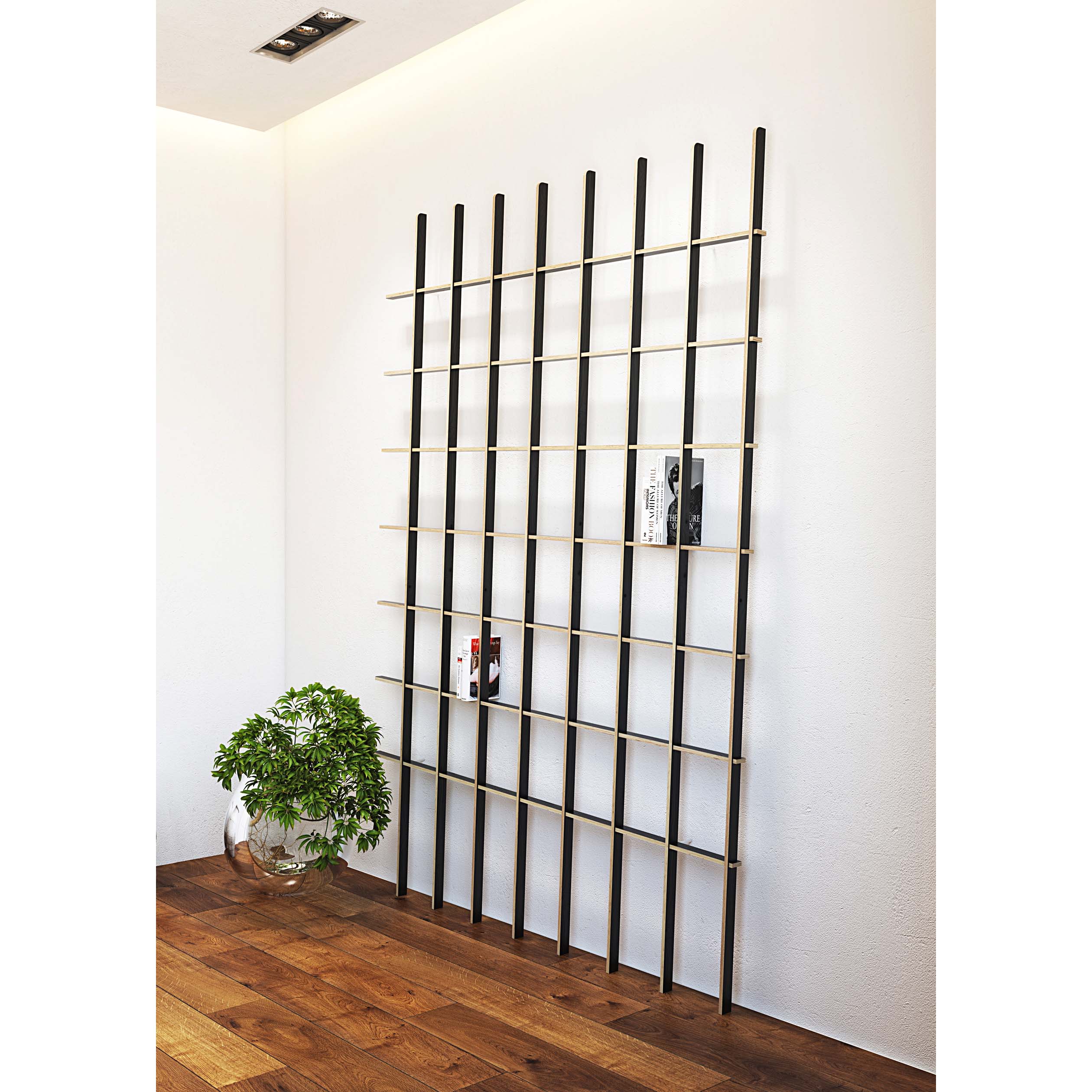 The SCHLAGSEITE by Martin Breuer Bono is a minimalist black grid bookshelf, leaning against a white wall with a few books displayed. A clear glass vase with green foliage sits on the wooden floor, creating a bright and modern setting.