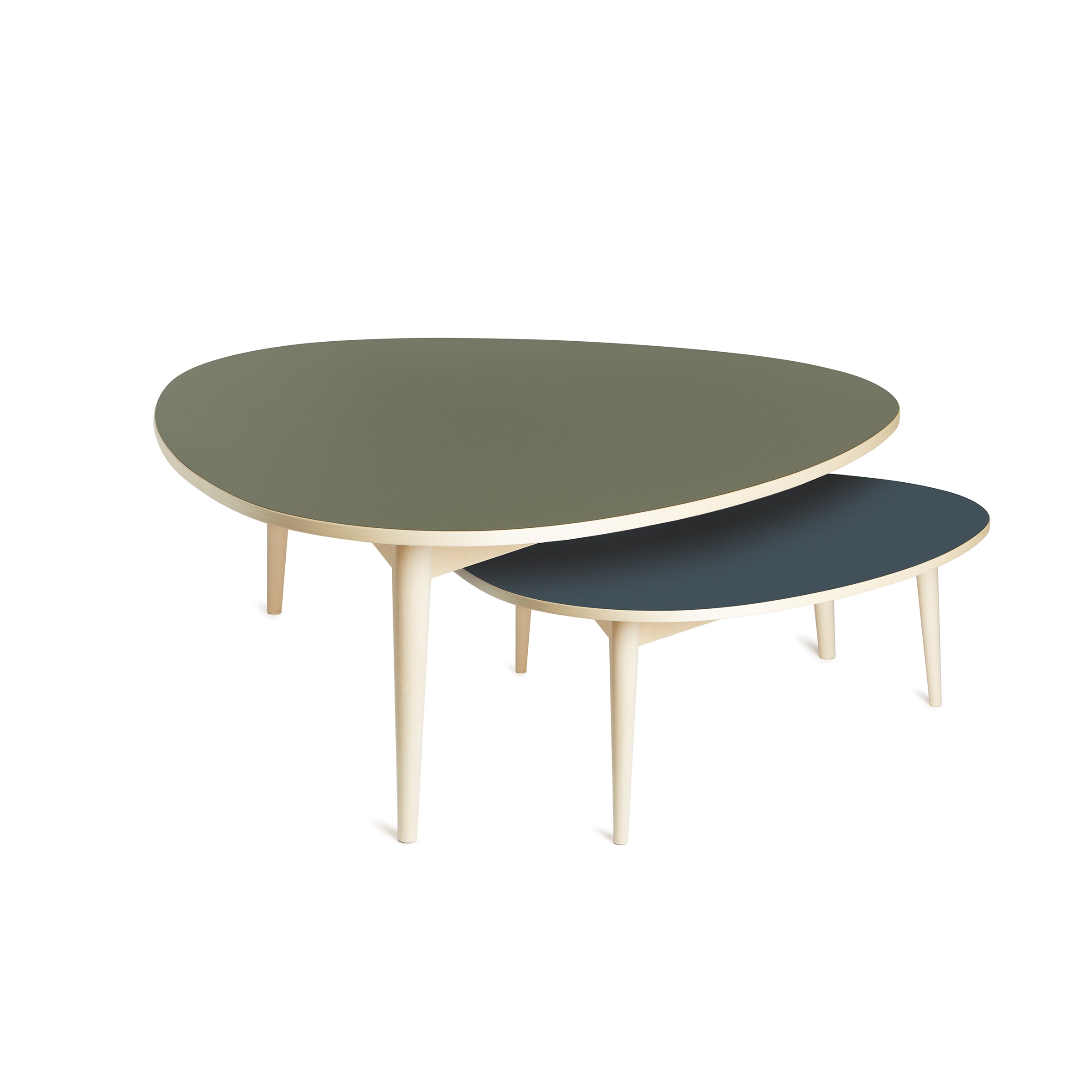 The Drei-Rund Coffee Table by WB Form consists of two nested, asymmetrical tables with slim, light-colored legs. The larger features a green top and kidney shape, while the smaller exhibits a dark blue top, both offering a modern and minimalistic appeal.