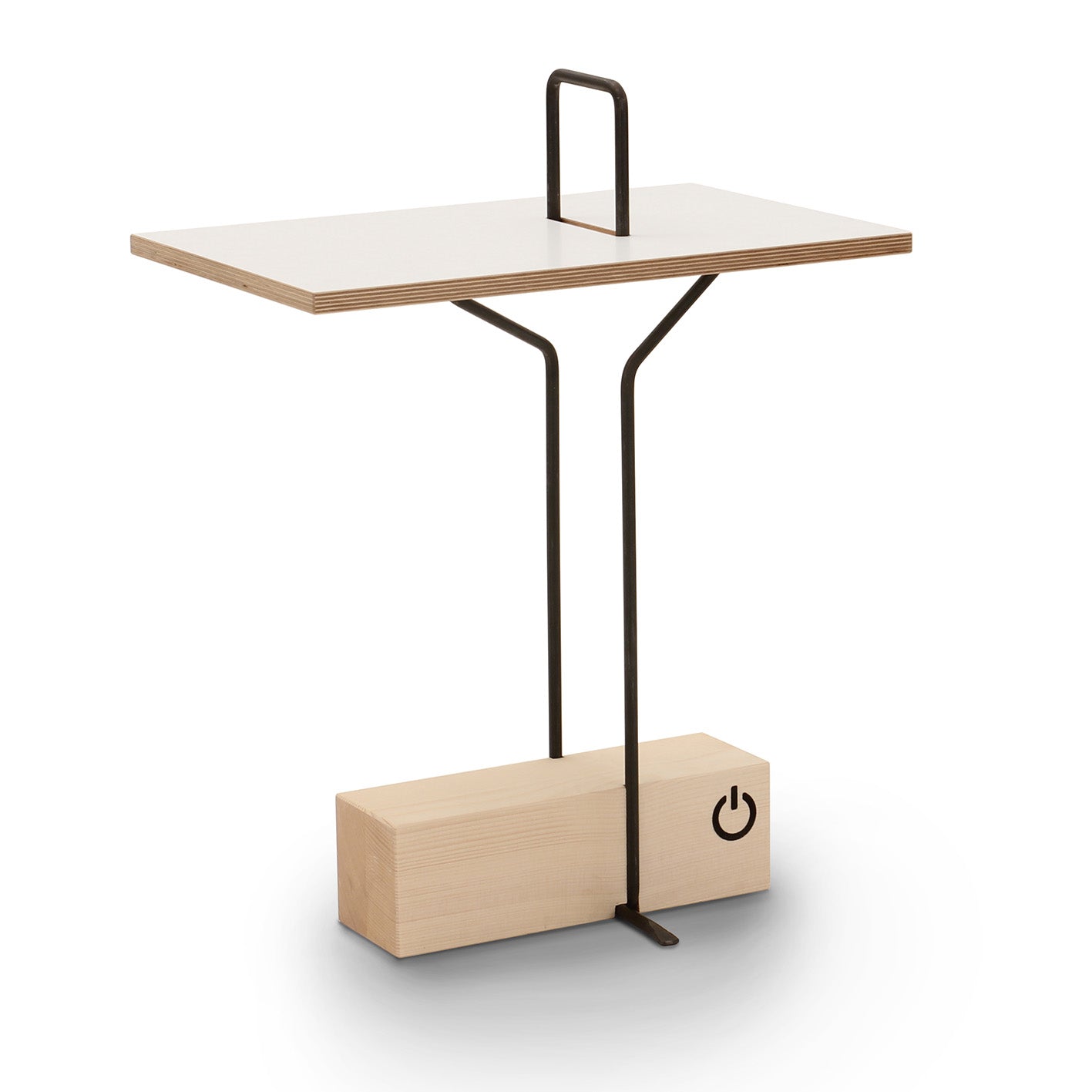 The Moormann Abgemahnt side table features a minimalist design with a light wood tabletop on a slim black metal frame. A rectangular wooden block with a power symbol on the base suggests technological or charging capabilities.