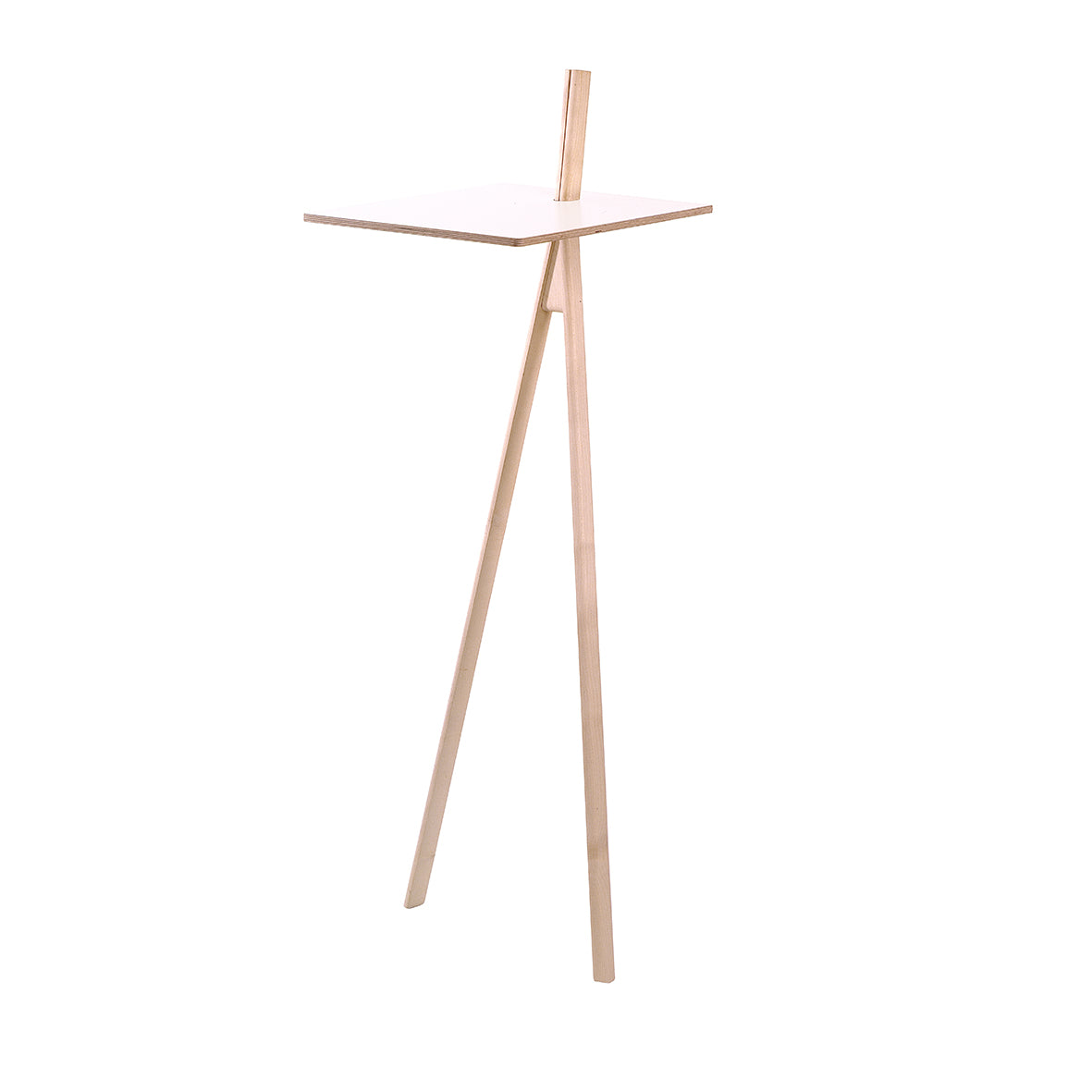 Moormanns Der Kleine Lehner is a modern, minimalist wooden side table with a space-saving design. It features three legs and a sleek white square tabletop, standing against a light background to highlight its simplicity and style.