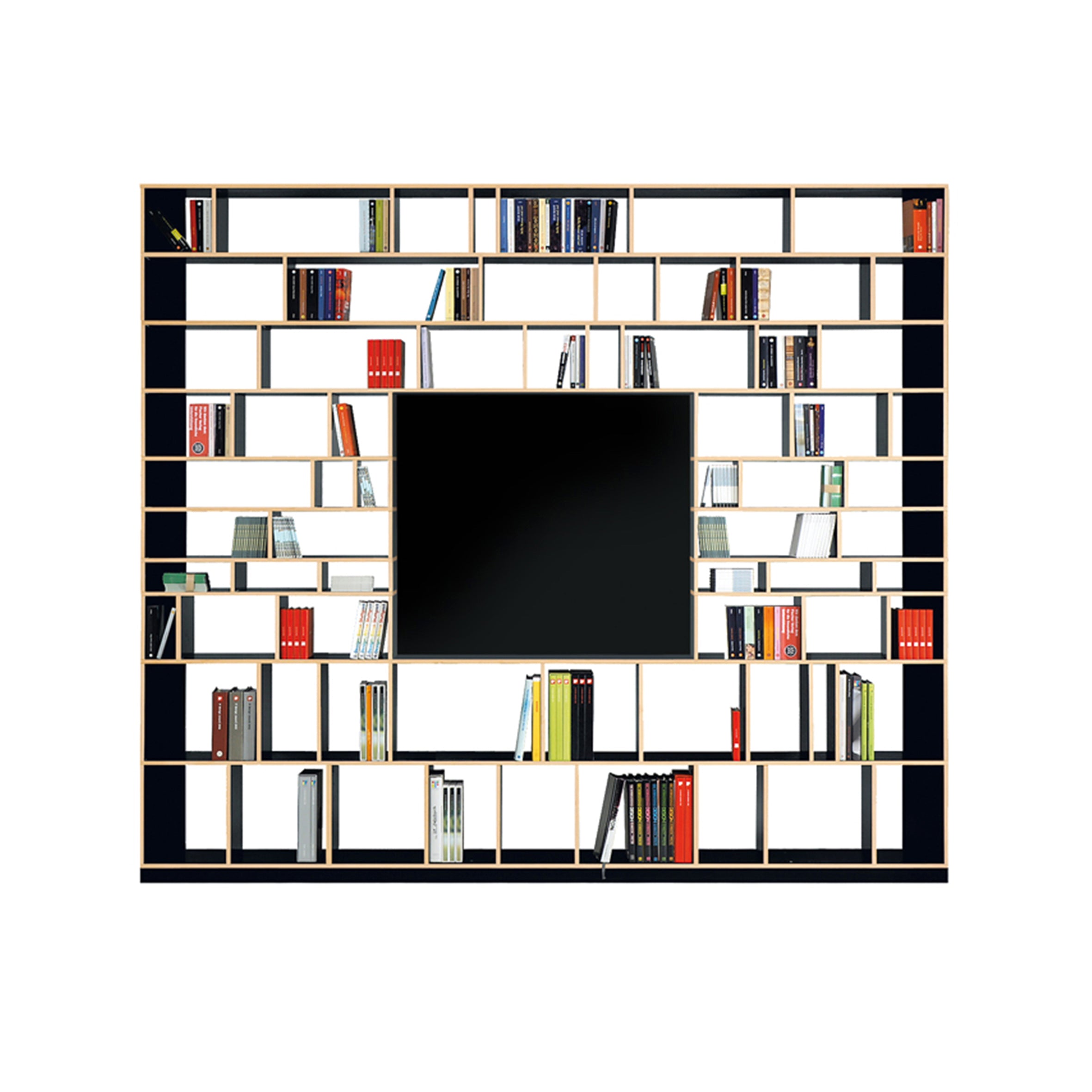 Introducing the Egal by Moormann: a contemporary grid-style shelf with a central square mirror. Its customizable shelves and various compartments provide artistic freedom for book and decor arrangements, ensuring both symmetry and minimalist charm.