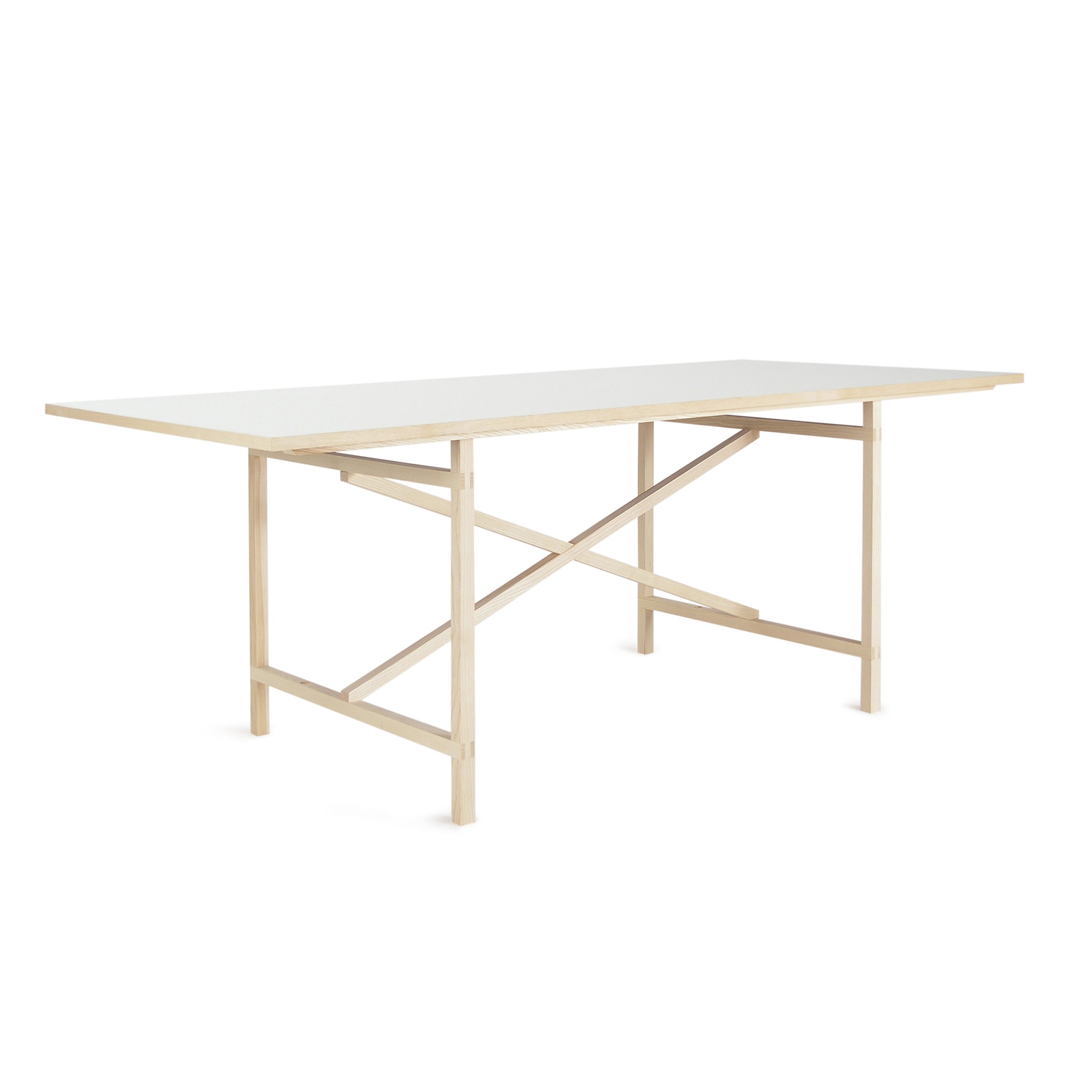 The Egon table by Moormann features a minimalist wooden design with a rectangular white tabletop and a simple trestle-style base. Its metal-free construction, clean lines, and natural wood finish are ideal for contemporary or modern interiors.