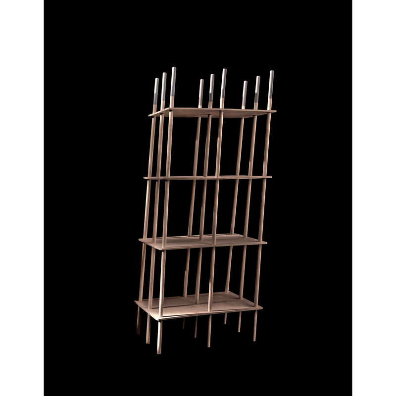 The Es shelf unit by Moormann features a sleek, modern design with multiple staggered wooden levels. Its vertical rods extend beyond the top against a black backdrop, reminiscent of Konstantin Grcic’s innovative style.