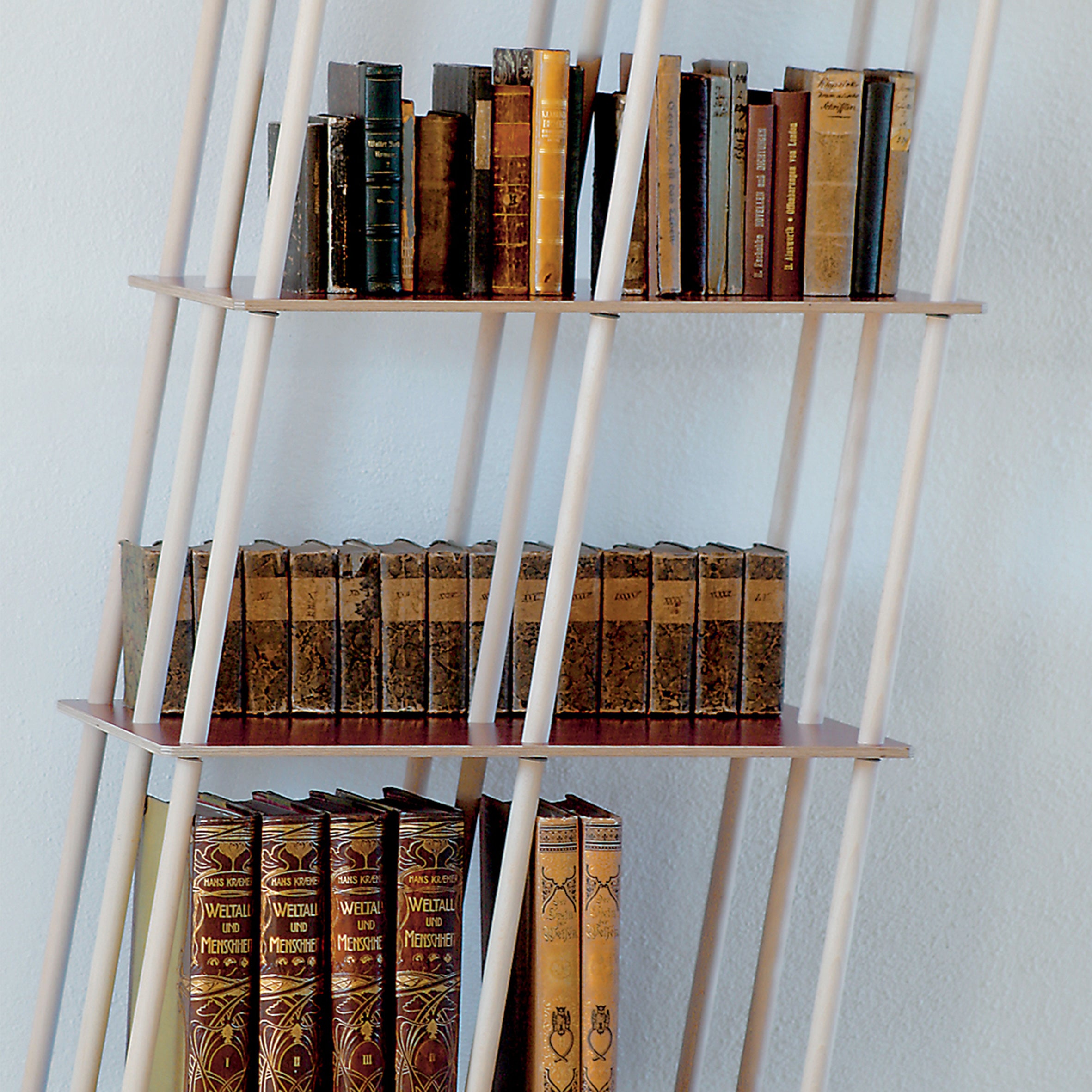 The Moormann Es bookshelf, featuring angled shelves and thin, light rods, holds vintage and leather-bound books. Its sleek design against a plain white wall radiates minimalist elegance.