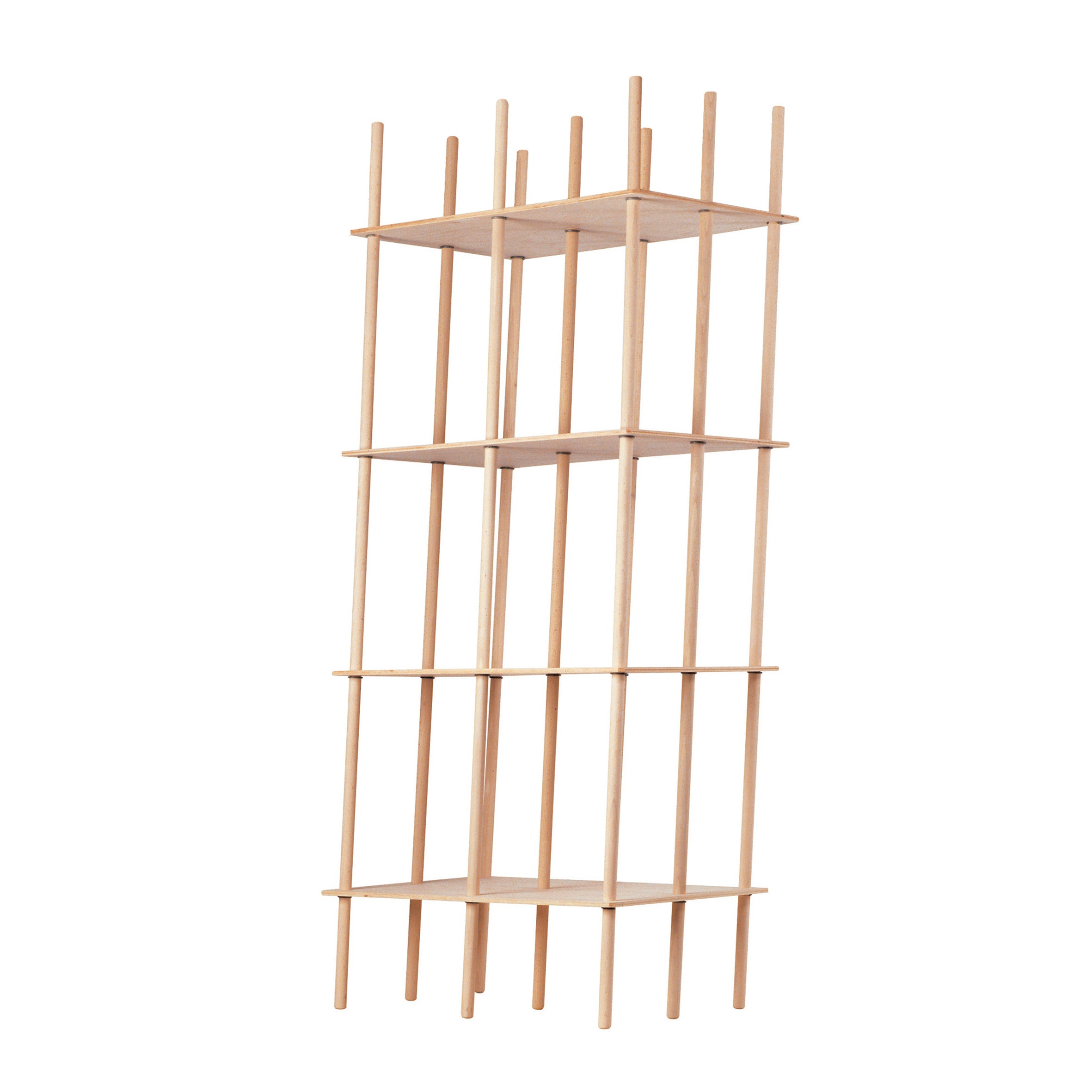 The Es bookshelf by Moormann reflects Konstantin Grcics design style with its minimalist grid structure of horizontal panels and vertical rods. Its shelves, evenly spaced and varying in height, are set against a plain white backdrop.