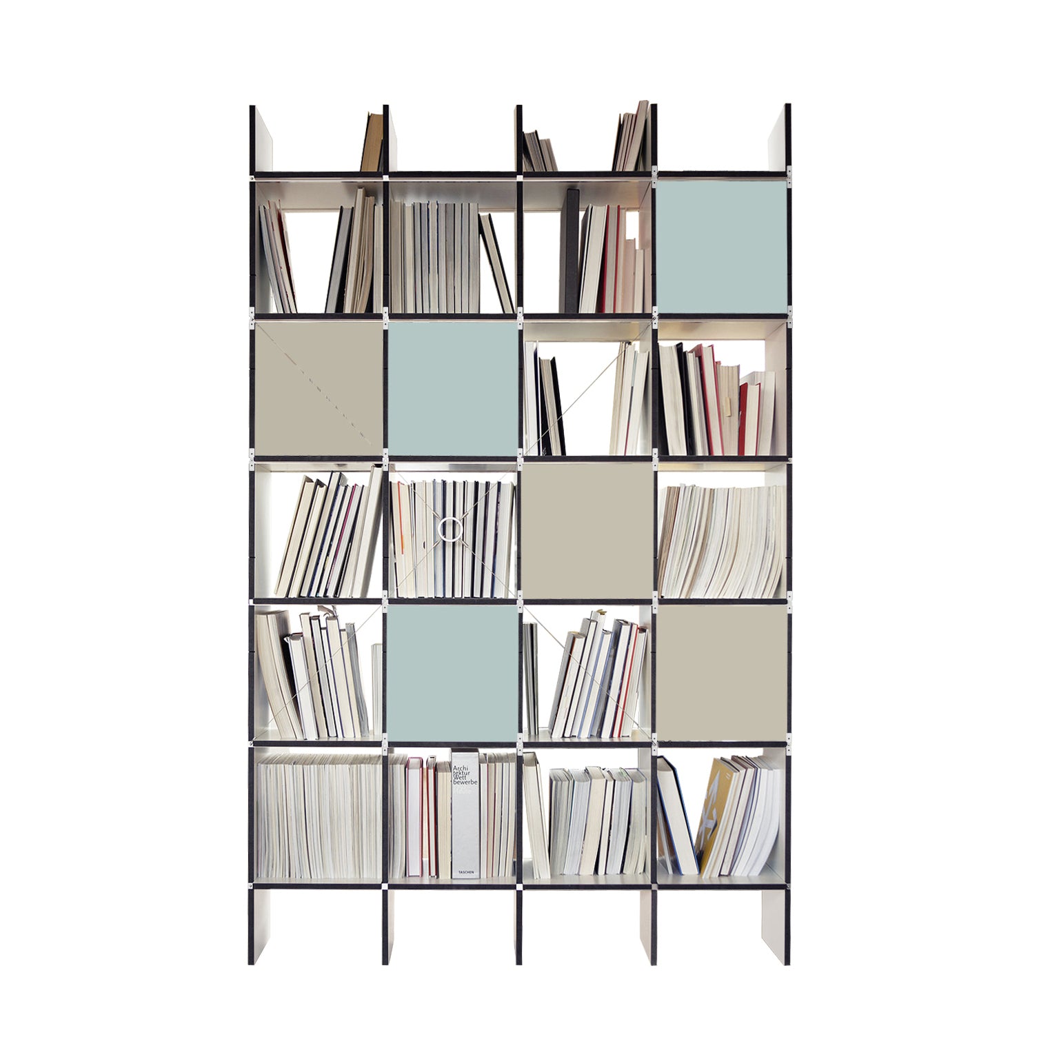 The Moormann FNP shelf is a modern, tall unit with a black frame and adaptable design featuring light green panels. It offers versatile storage with compartments filled with various books, some neatly arranged and others stacked or leaning, blending open and closed spaces seamlessly.