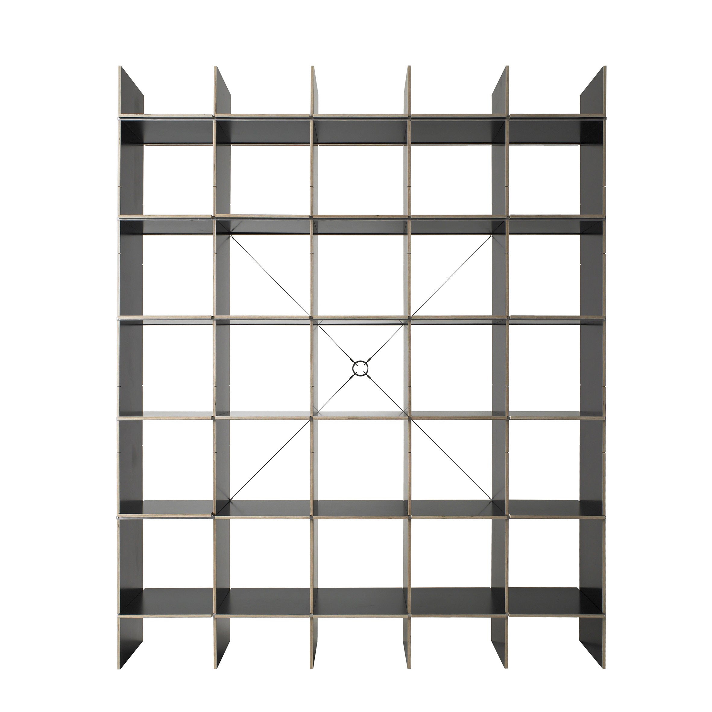 The Moormann FNP shelf is a tall, rectangular design with a minimalist elegance. It features evenly spaced square compartments supported by horizontal and vertical dividers, all set against a plain white background.