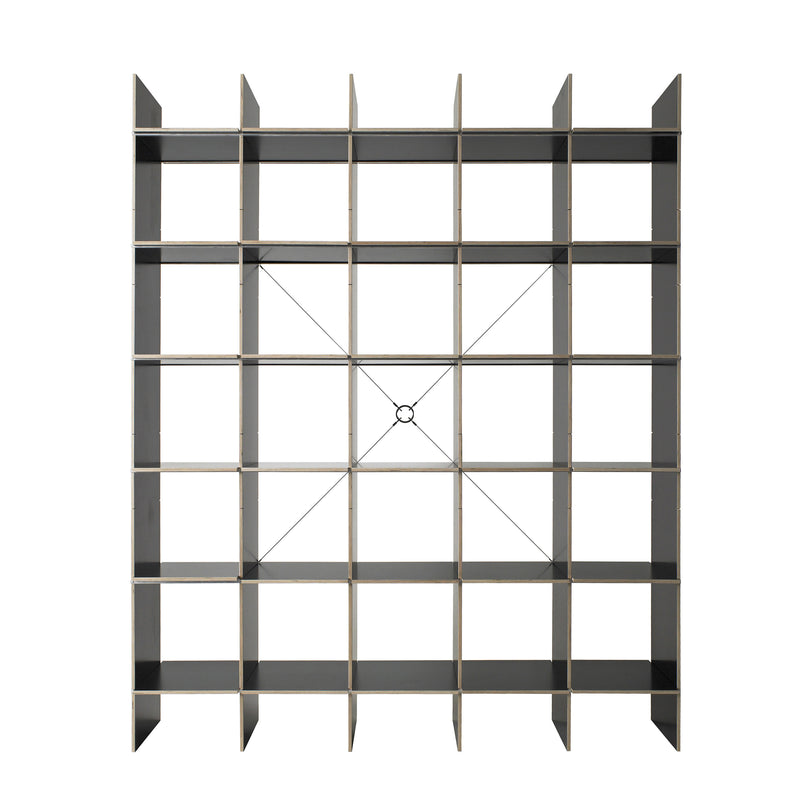 The Moormann FNP shelf is a tall, rectangular design with a minimalist elegance. It features evenly spaced square compartments supported by horizontal and vertical dividers, all set against a plain white background.