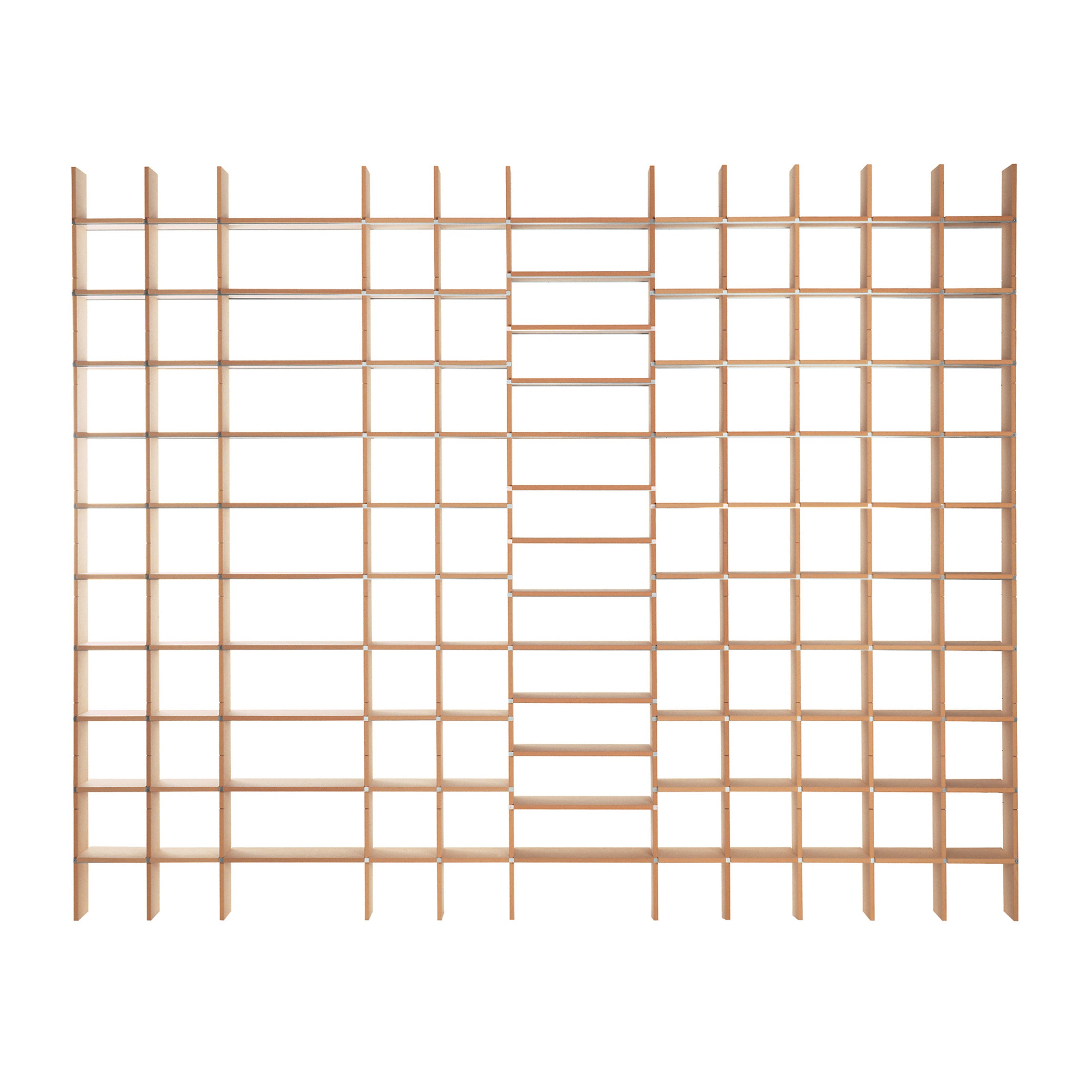 The Moormann FNP X is a wooden grid bookshelf with a sleek, minimalist design featuring evenly spaced vertical and horizontal slats. It has thinner sections than its predecessor, creating rectangular sections of varying sizes against a white background.