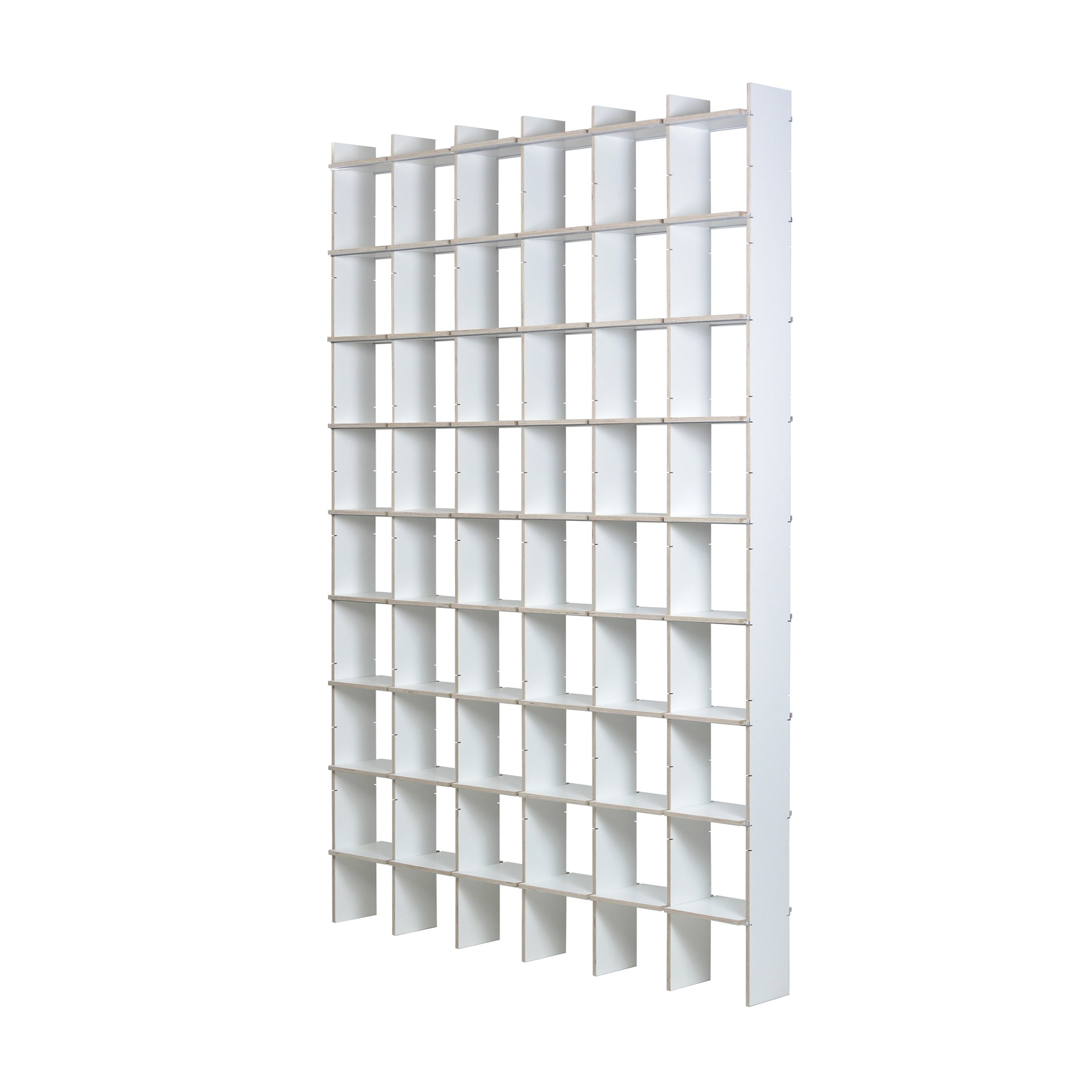 The Moormann FNP X is a tall, freestanding shelving unit in white with a grid-style design. Crafted from durable MDF materials, it features multiple open compartments in a minimalist FNP style, ideal for organizing or displaying items.