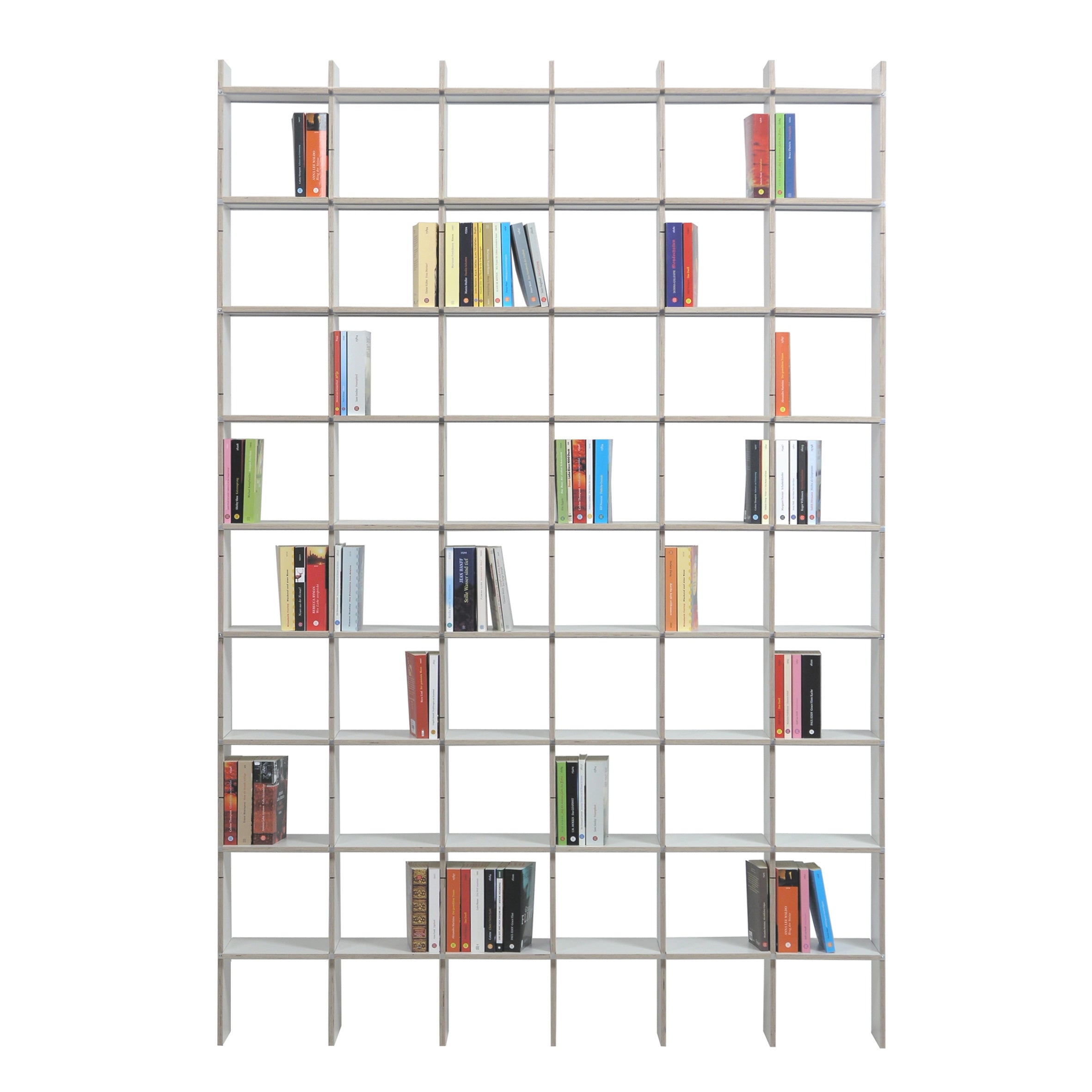 A tall, minimalist FNP X by Moormann with a grid design in MDF light wood finish is partially filled with assorted books. The thinner shelves are mostly empty, creating a spacious and organized appearance against a white background.