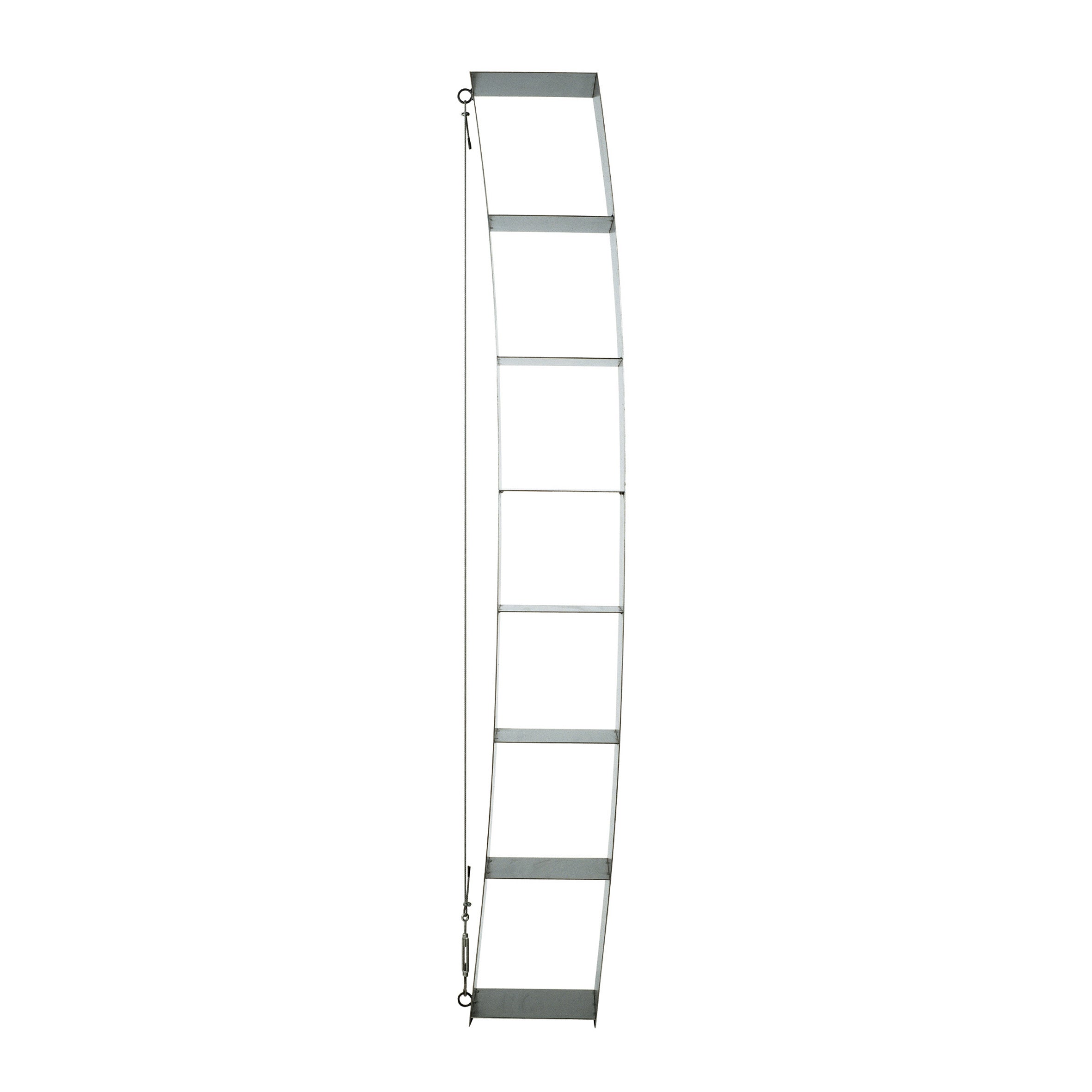 A seven-rung curved metal ladder with end hooks, inspired by Moormanns design ethos. Similar to the Gespanntes Regal, it provides vertical support and flexibility akin to steel cable strength.
