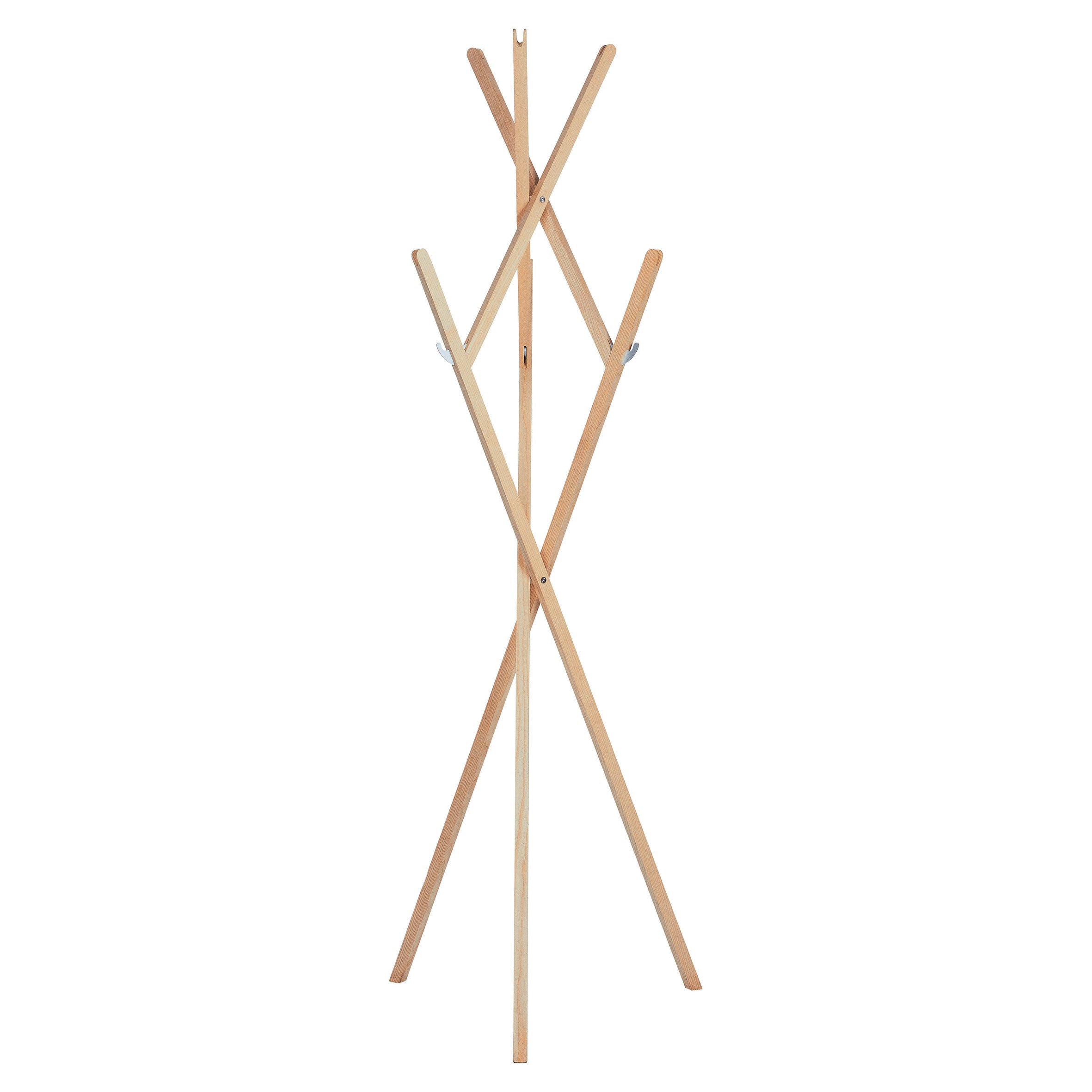 The Moormann Hut ab is a minimalist coat rack with a tripod base and angled arms for hanging. Its natural wood finish adds elegance, making it a perfect space-saving piece for modern interiors.