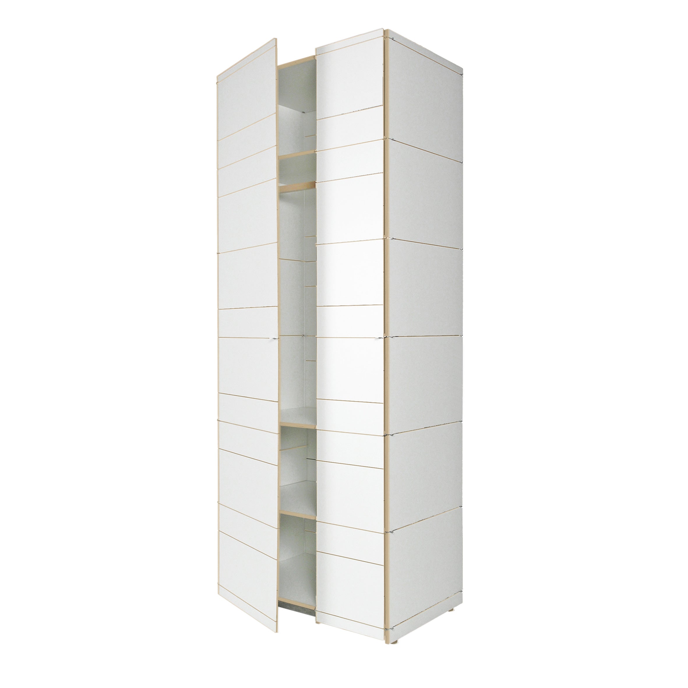The modern and minimalist K1 Storage wardrobe by Moormann features a sleek design with open doors revealing a sophisticated shelving system, multiple horizontal panels, and a smooth, white finish elegantly set against a plain backdrop.