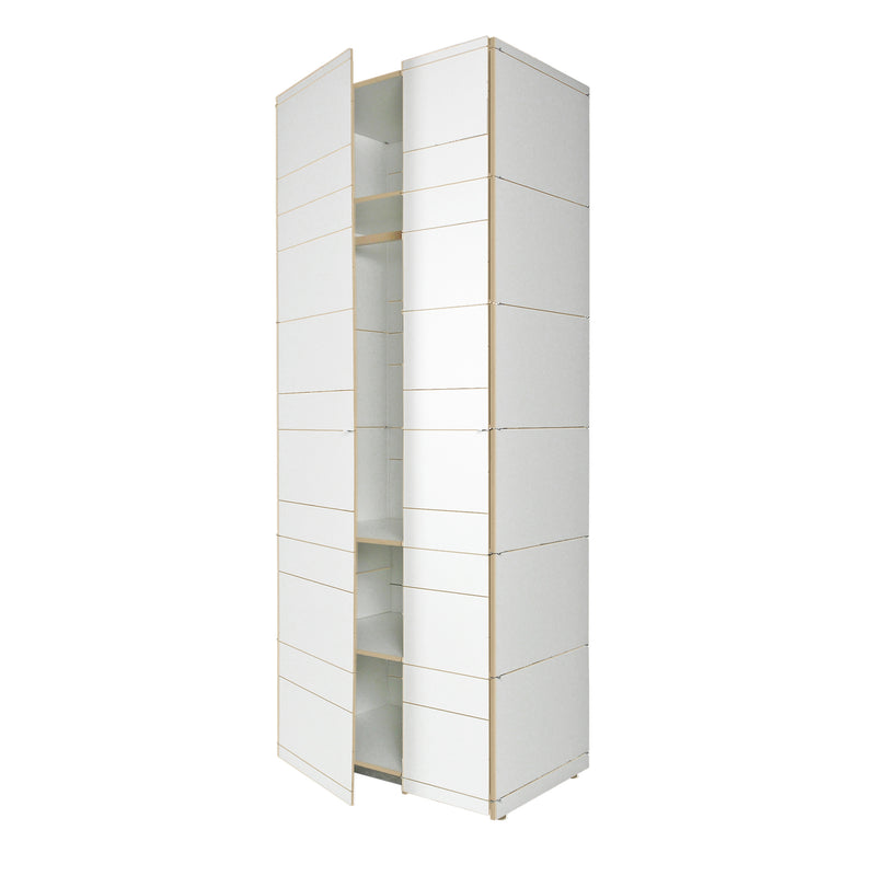 The modern and minimalist K1 Storage wardrobe by Moormann features a sleek design with open doors revealing a sophisticated shelving system, multiple horizontal panels, and a smooth, white finish elegantly set against a plain backdrop.