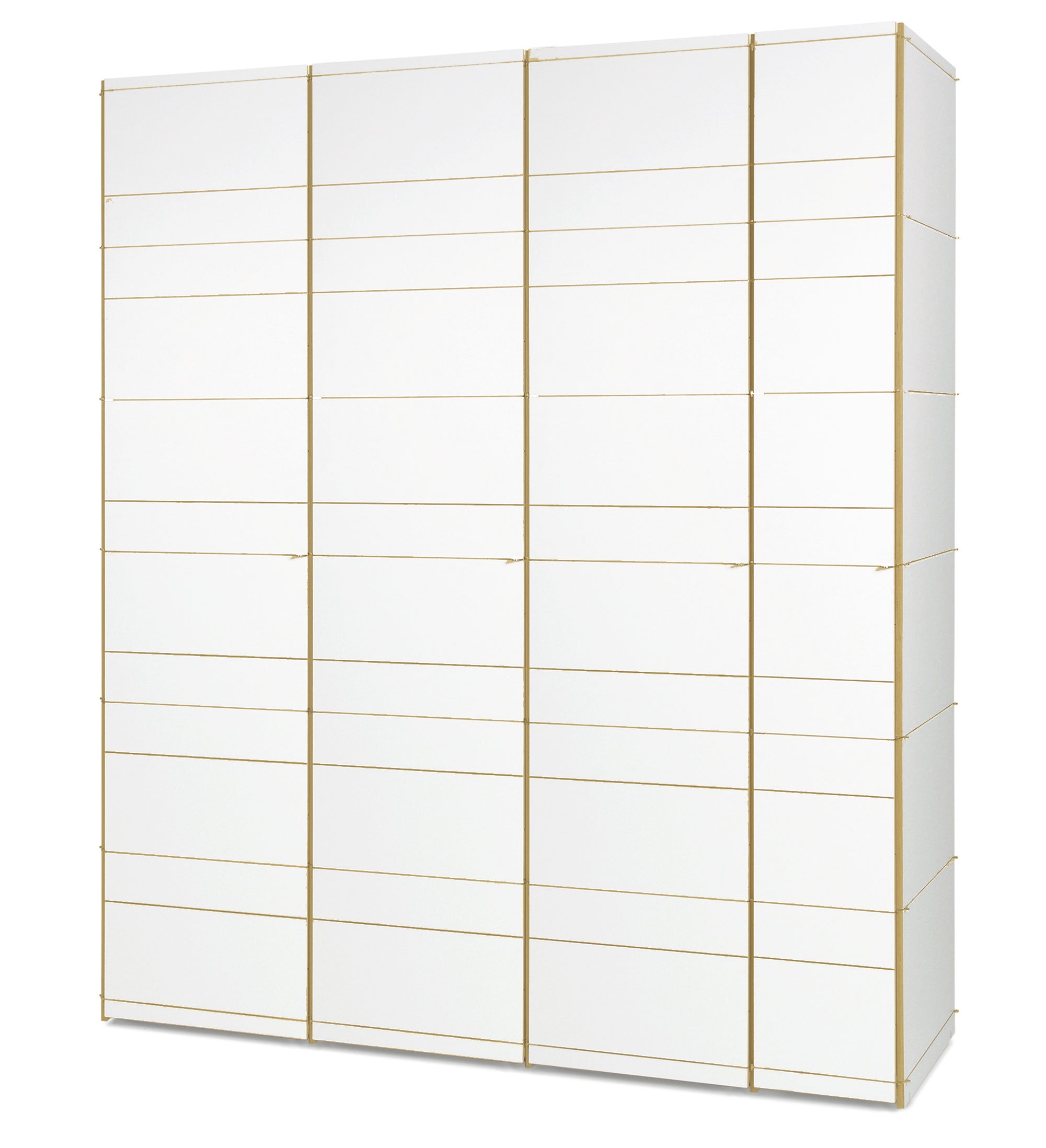 The K1 Storage by Moormann is a large, minimalist white wardrobe featuring signature gold accents and clean horizontal lines. Its sleek, contemporary design seamlessly fits modern interiors, echoing the adaptability of a modular system.