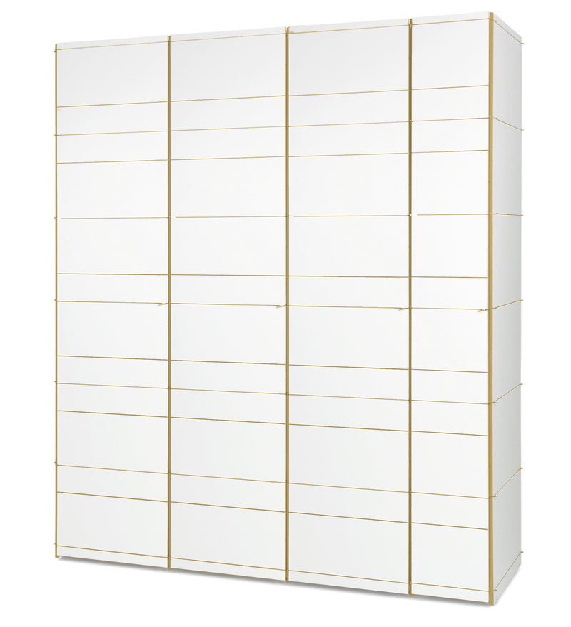 The K1 Storage by Moormann is a large, minimalist white wardrobe featuring signature gold accents and clean horizontal lines. Its sleek, contemporary design seamlessly fits modern interiors, echoing the adaptability of a modular system.