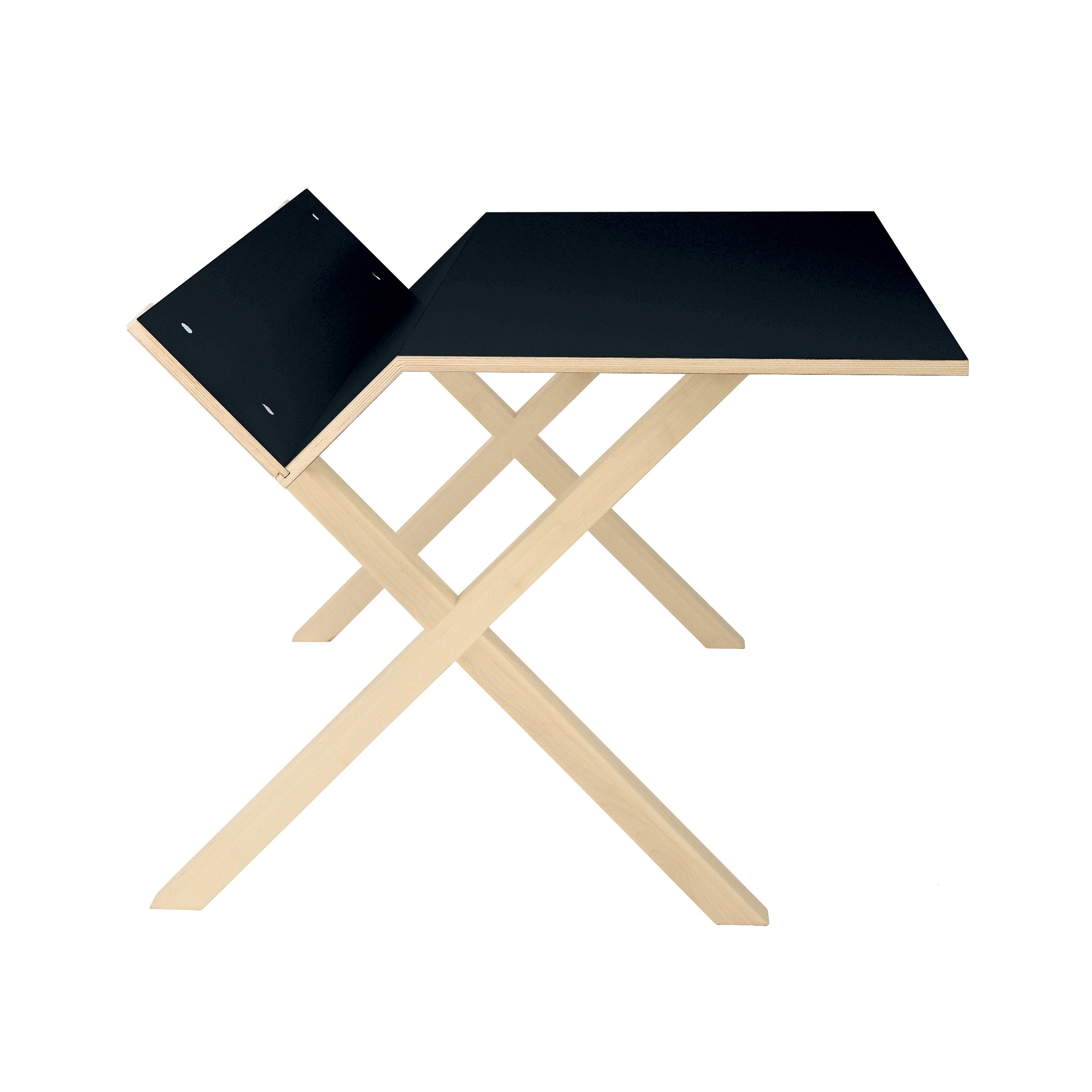 The Kant desk by Moormann combines modern minimalism with a black top and distinctive angular design, featuring an X-shaped wooden base. Its elevated back panel offers a slanted surface, ensuring an organized, clean workspace for your tasks.