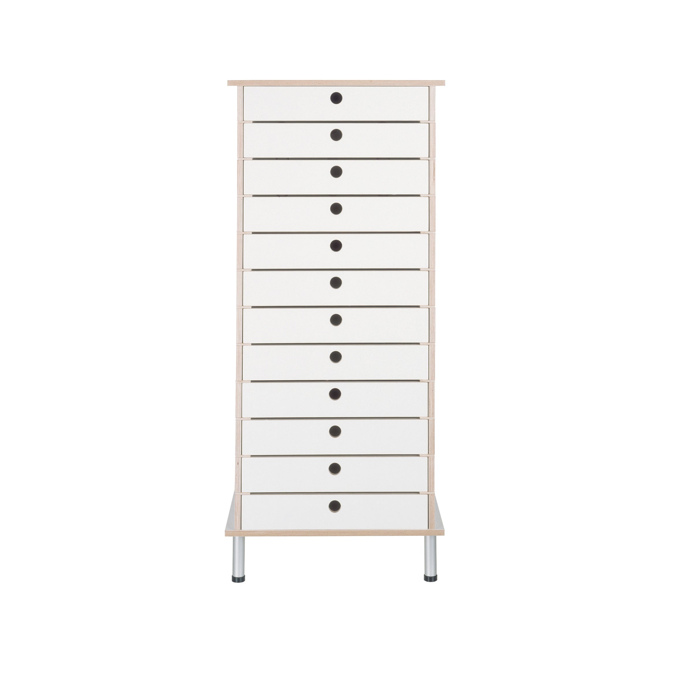 The Moormann Lader is a tall white chest of drawers with ten customizable compartments, each boasting a circular black pull. Its sides are light birch plywood color, and it stands on four short metal legs against a plain white background.