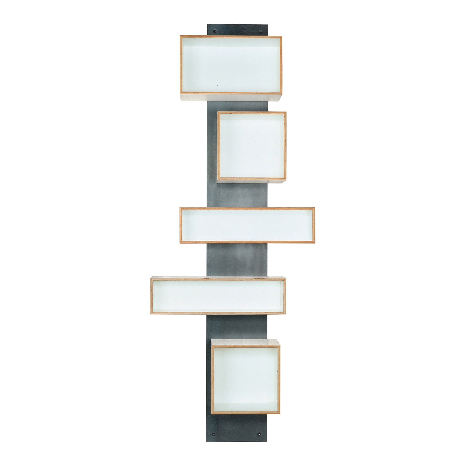 The Moormann Magnetique is a modern wall-mounted light fixture with integrated magnets, featuring six asymmetrical rectangular light boxes in varying sizes. Each box has a white front and wooden frame with a vertical black strip on a white background.