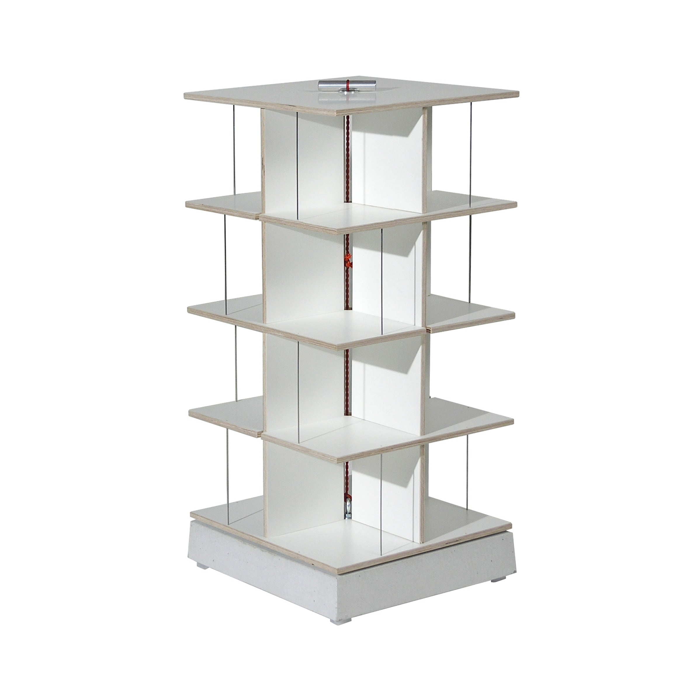 The Moormann Musikstapler is a white, multi-tiered rotating display stand with five square shelves, ideal for displaying items. Its minimalist design is reminiscent of a sleek CD rack, and the top shelf can hold a small object while saving space.