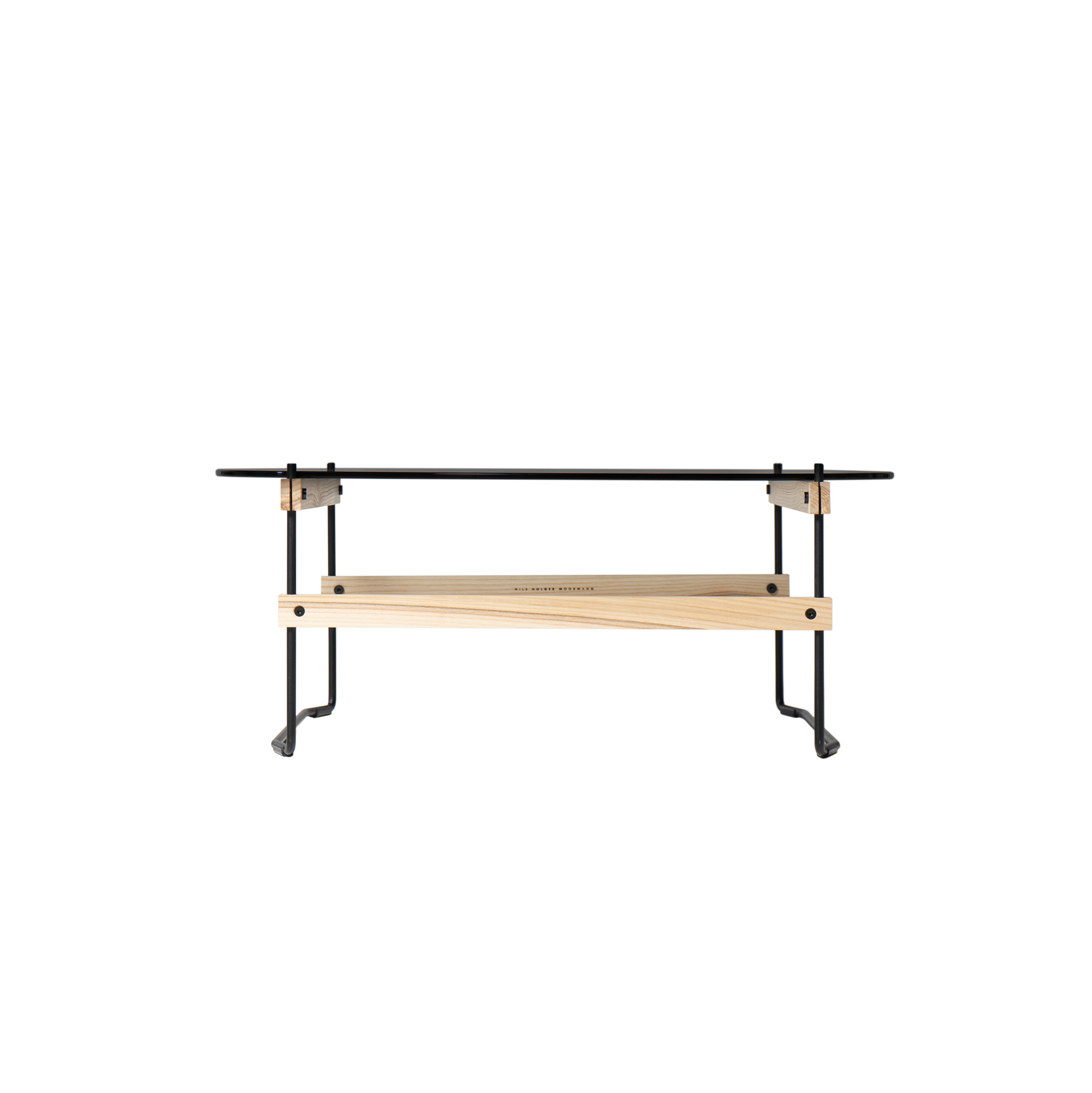 A minimalist bench press combines a sleek wooden base with a black metal barbell, exuding modern elegance and functionality, reminiscent of the Netto Coffee Table by Moormann in its refined and striking aesthetic.