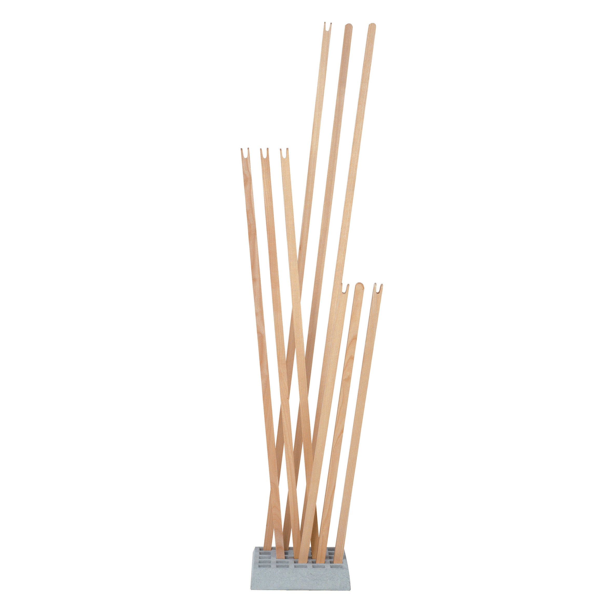 The Moormann Pin Coat features a versatile design with light wooden vertical slats in an intersecting pattern, supported by a gray rectangular base. Its adjustable rods make it ideal for various spaces.