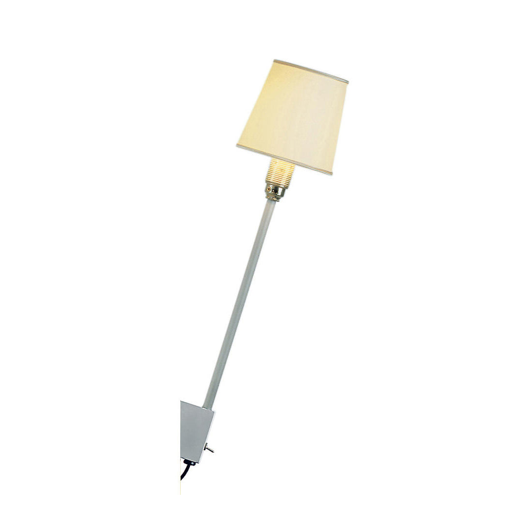 The Moormann Rosi Lamp, featuring a beige fabric shade and slender metallic pole, complements the Nils Holger Moormann EGAL-shelf system. It stands on a white background, casting warm light, with a small black power cord at its base, seamlessly blending style and function.