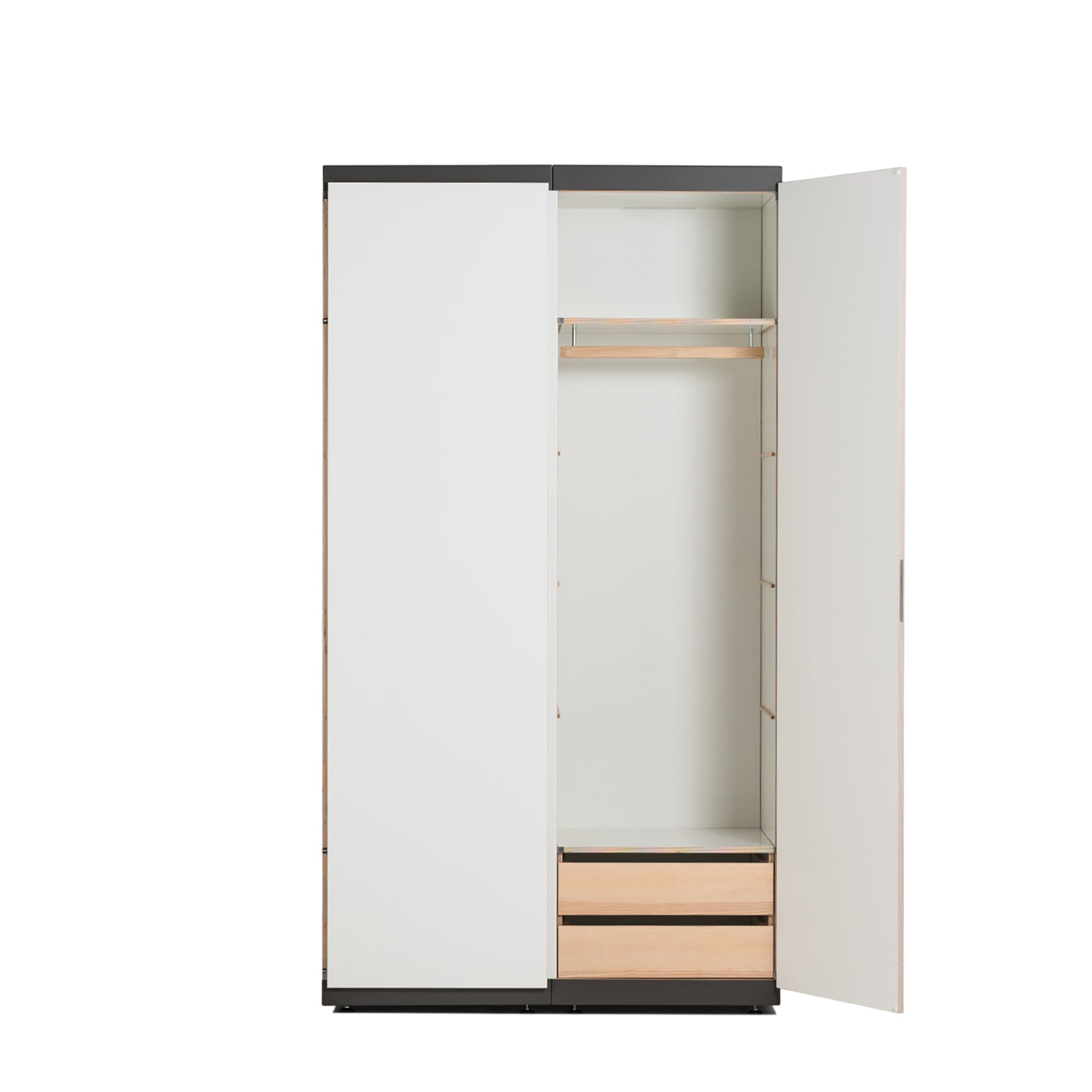 The Moormann Schrankone wardrobe, with one door open, showcases an empty interior featuring a wooden hanging rod and two wooden drawers at the bottom. Its modern minimalist design in white and natural wood tones embodies a modular system for versatile organization.