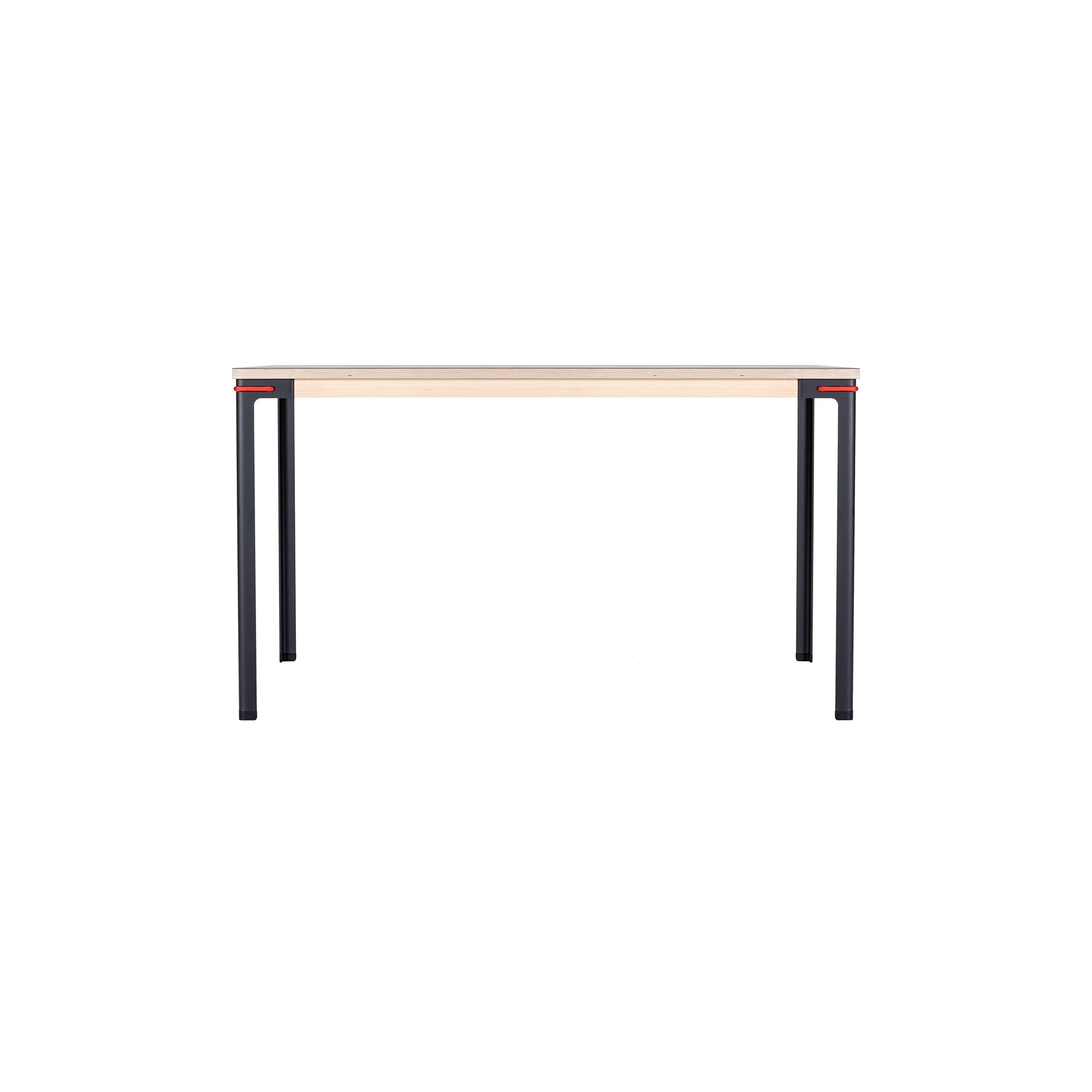 Moormanns Seiltänzer Table showcases a sleek, minimalist design with a light wood top and steel legs, accented by a subtle red edge. Its modern aesthetic embodies modular design principles against a plain white background.