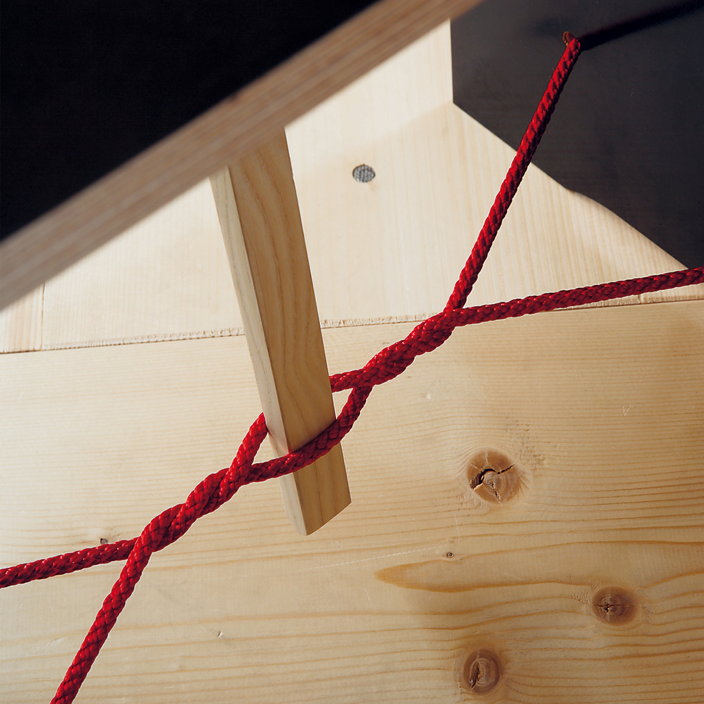 The Strammer Max by Moormann features a red rope creatively wrapped around a wooden pole on a light plywood panel, highlighted by its intricate knot against the darker background edge.