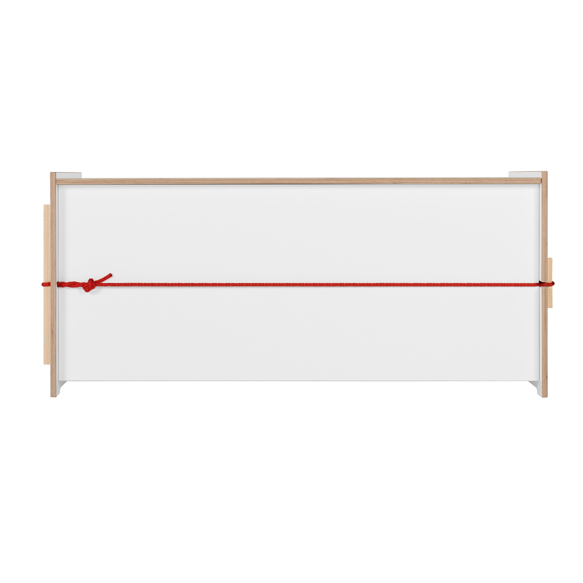 The Moormann Trude cabinet is a minimalist storage solution featuring a white surface, light wooden sides, and an eye-catching red rope handle. Its clean design contrasts beautifully with the wood and white finish, making it ideal for storing bed linens.